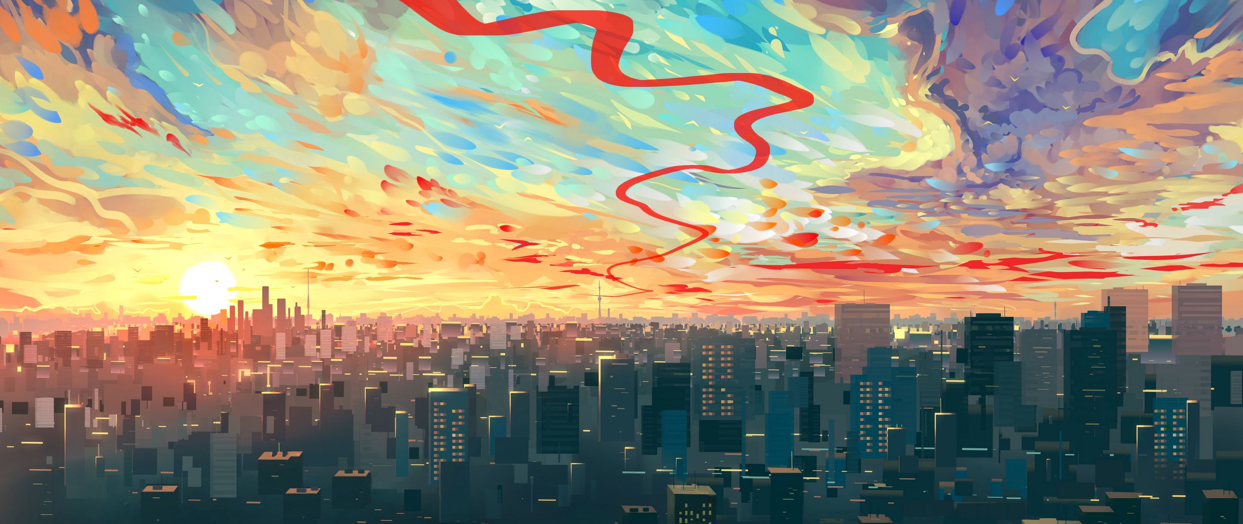 Wallpaper City Art Sky Buildings Dual Wide 1080p