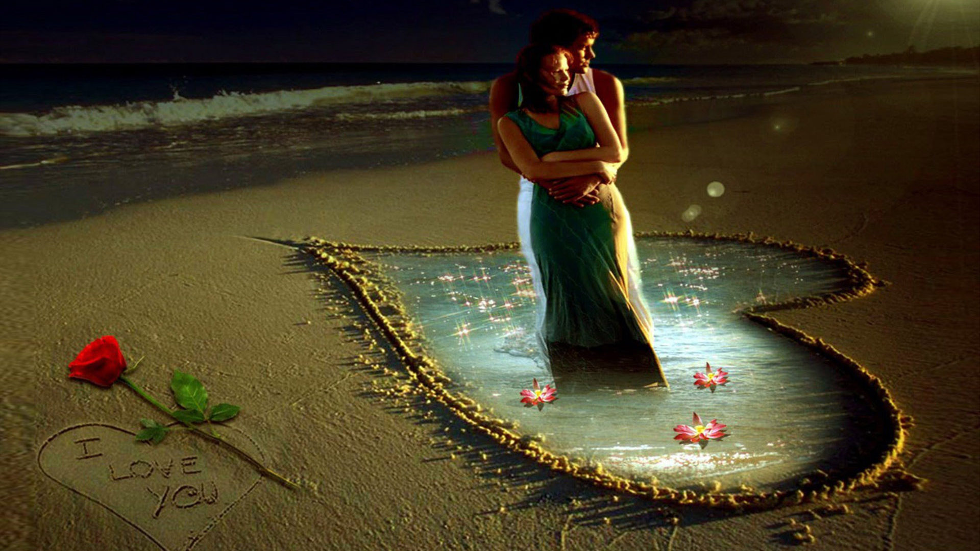 Boy And Girl In Embrace Beach Rose Heart Sand You Love HD