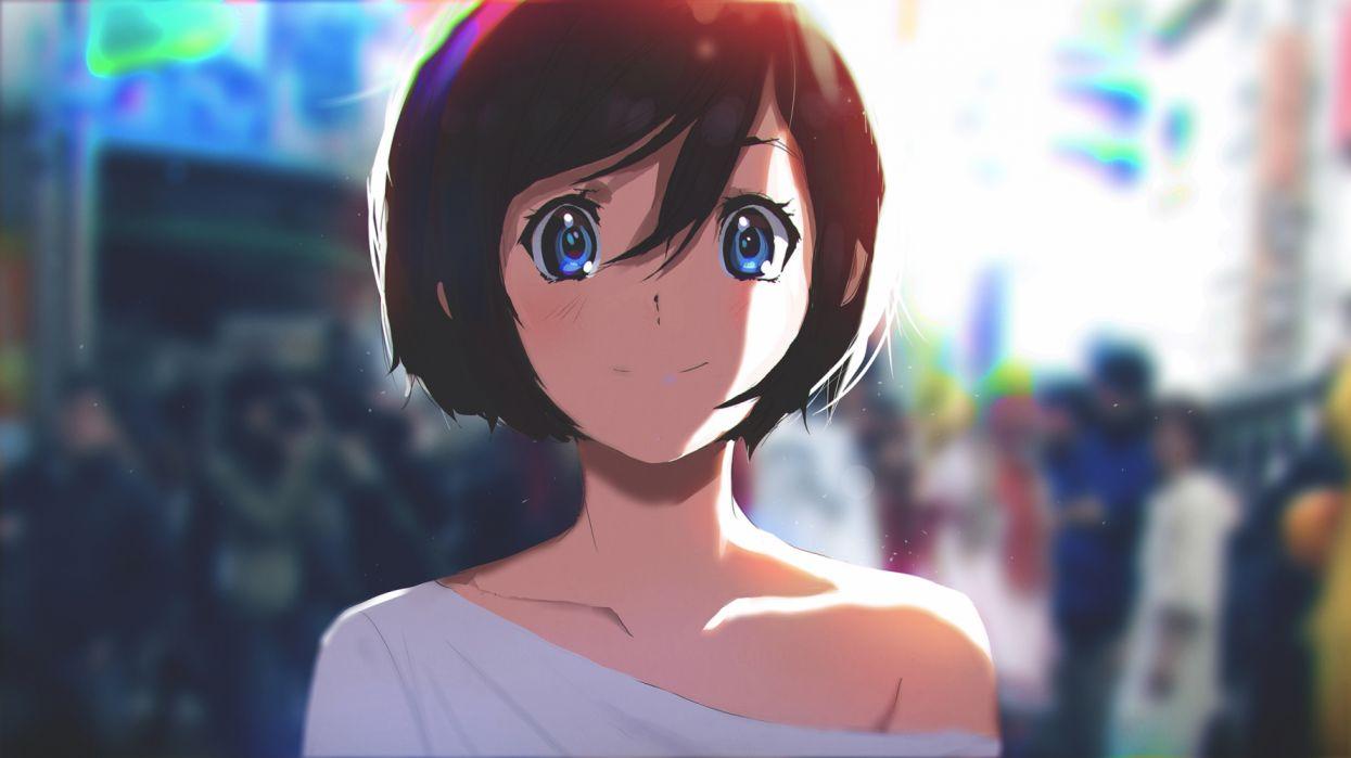 Anime Girl Sunlight Smiling Short Hair Blue Eyes Face Portrait