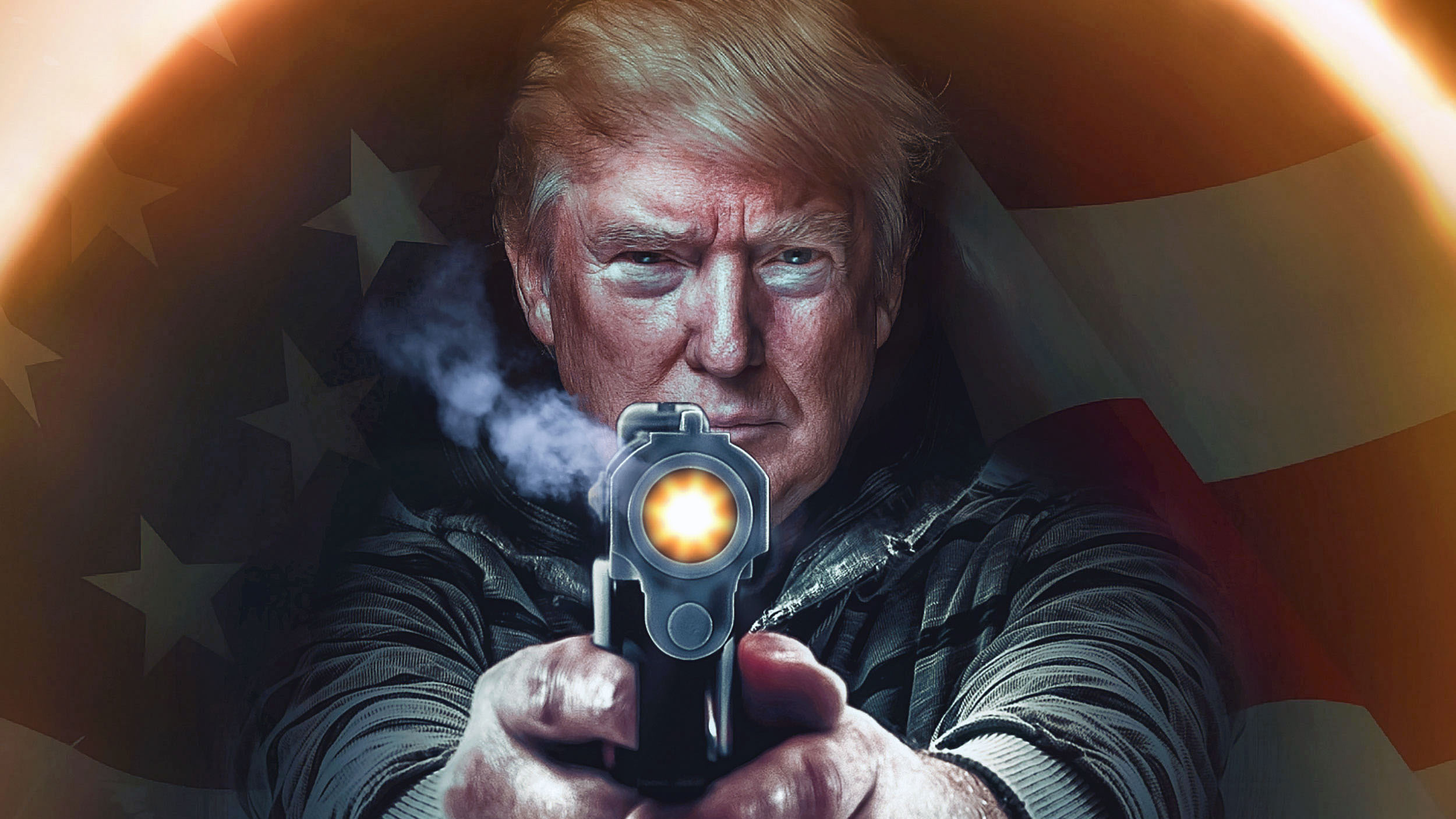 A digitally manipulated image of Donald Trump holding a handgun with an American flag in the background