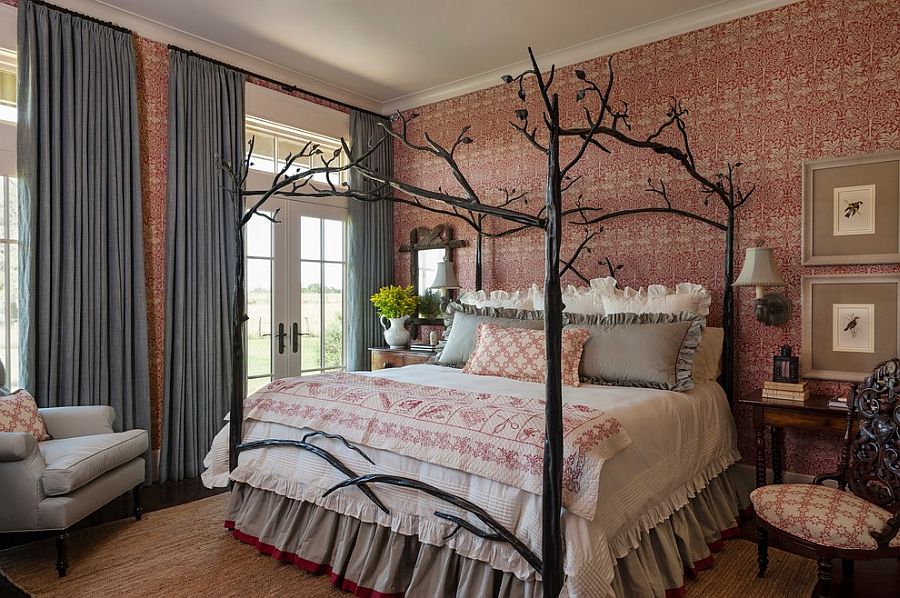 Farmhouse style bedroom with custom bed and striking wallpaper 900x598