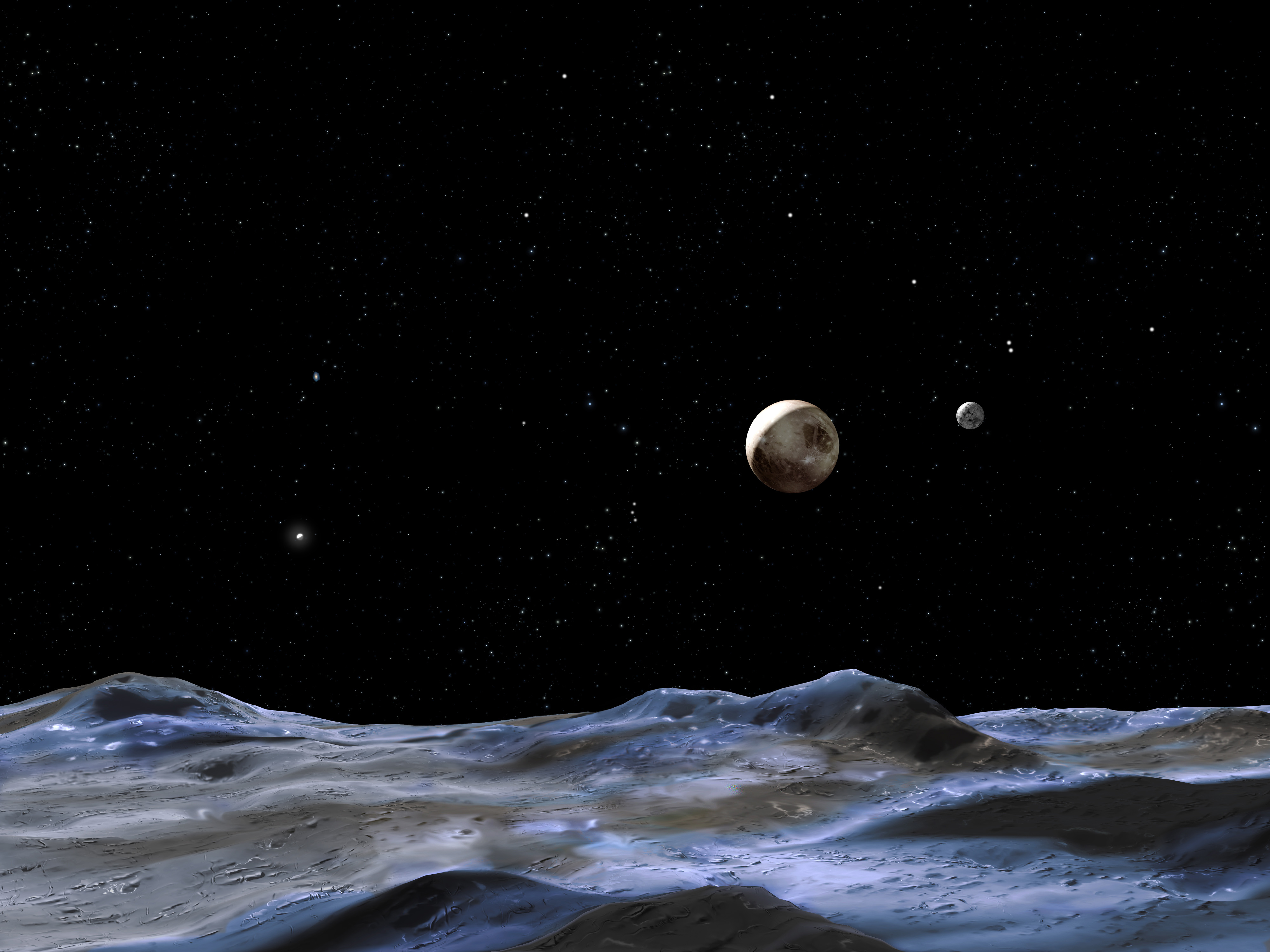Pluto System From The Surface Of One It S Tiny Moons Credit Nasa