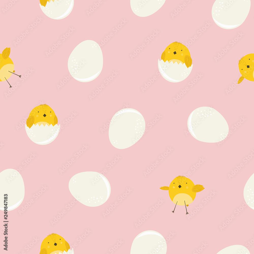 Cute Pink Seamless Pattern With Cartoon Yellow Chicken In Eggs And