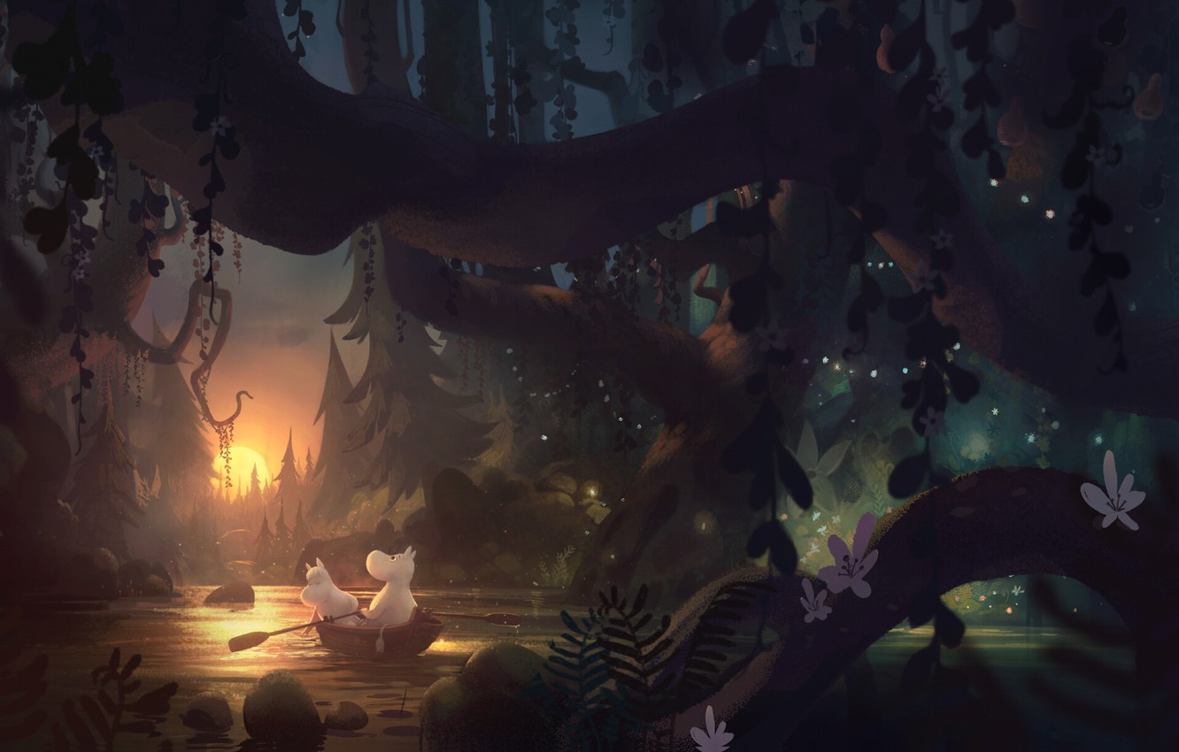 Wallpaper forest river boat tuomas korpi moomin images for