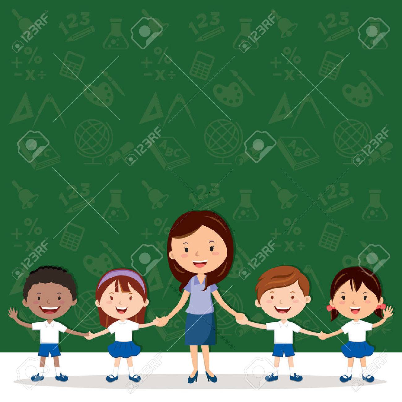 Female Teacher And School Children Education Icons Background