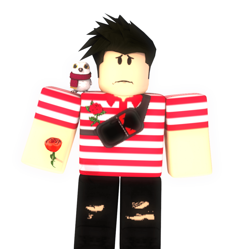 A Roblox avatar with a striped shirt, ripped jeans, and a small owl perched on its shoulder against a black background