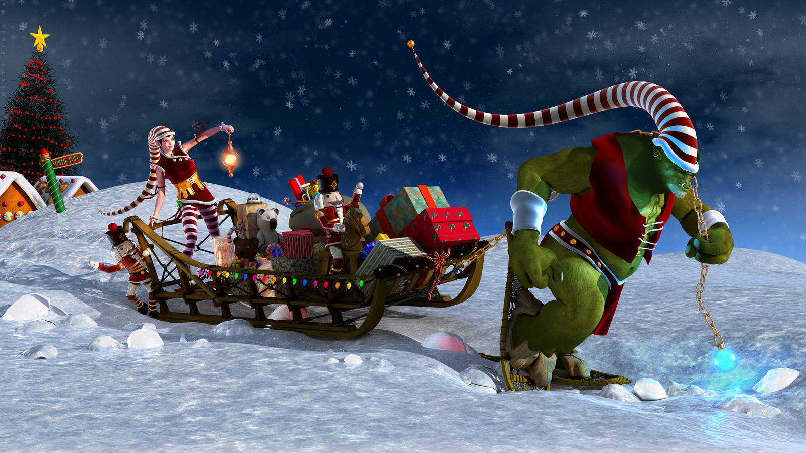 HD Anime Wallpaper Sleigh Santa Christmas Tree Claus Gifts New