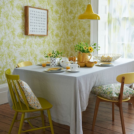 Free download Yellow retro dining room with floral wallpaper Dining