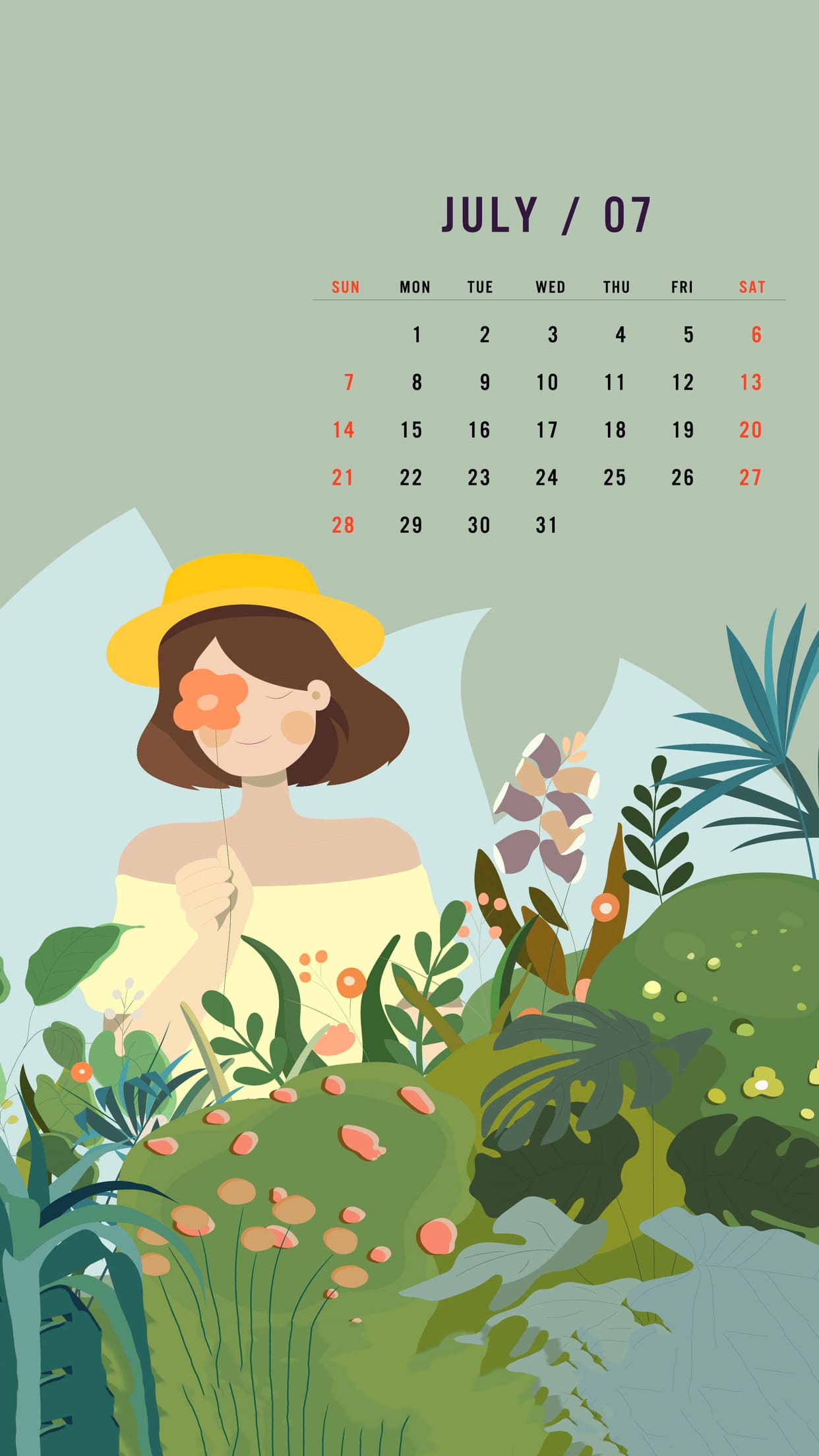 A woman with a flower in her hand in a lush green garden. July 2024 calendar in the background