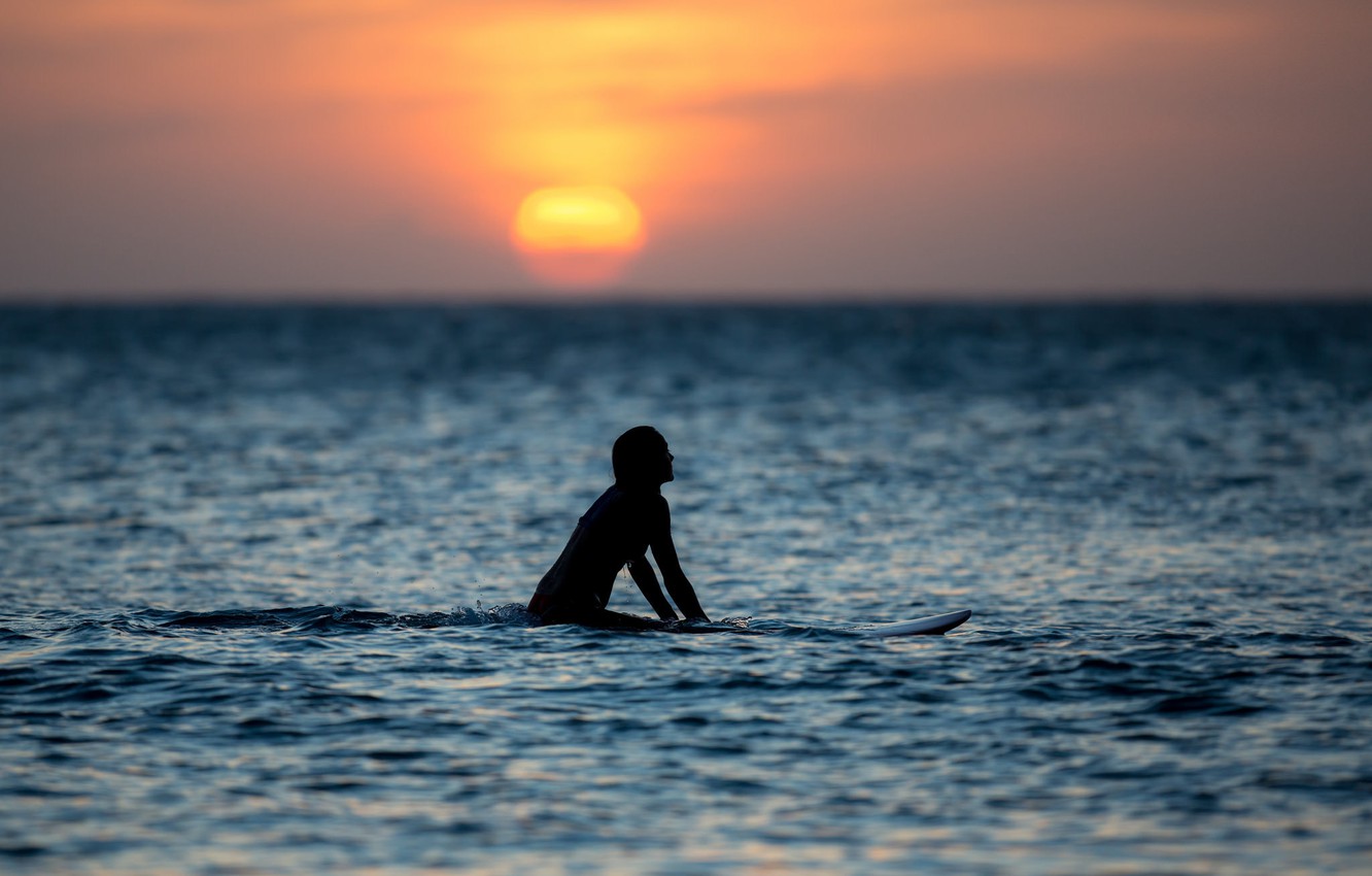 Wallpaper Sea Girl Sunset Horizon Surfing