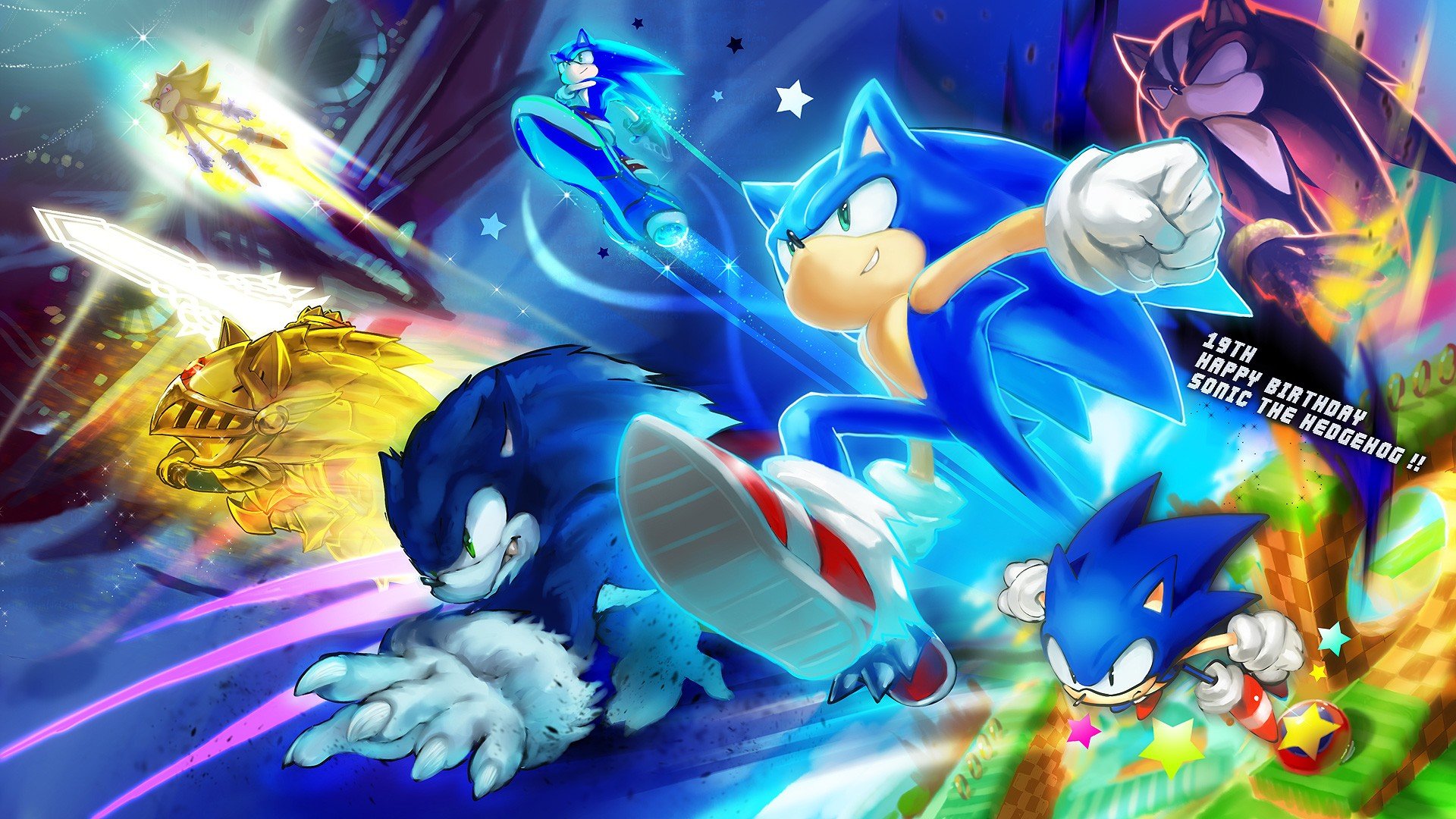 A vibrant collage of Sonic the Hedgehog in various forms, celebrating his 19th birthday, ideal for Sonic fans and HD wallpapers