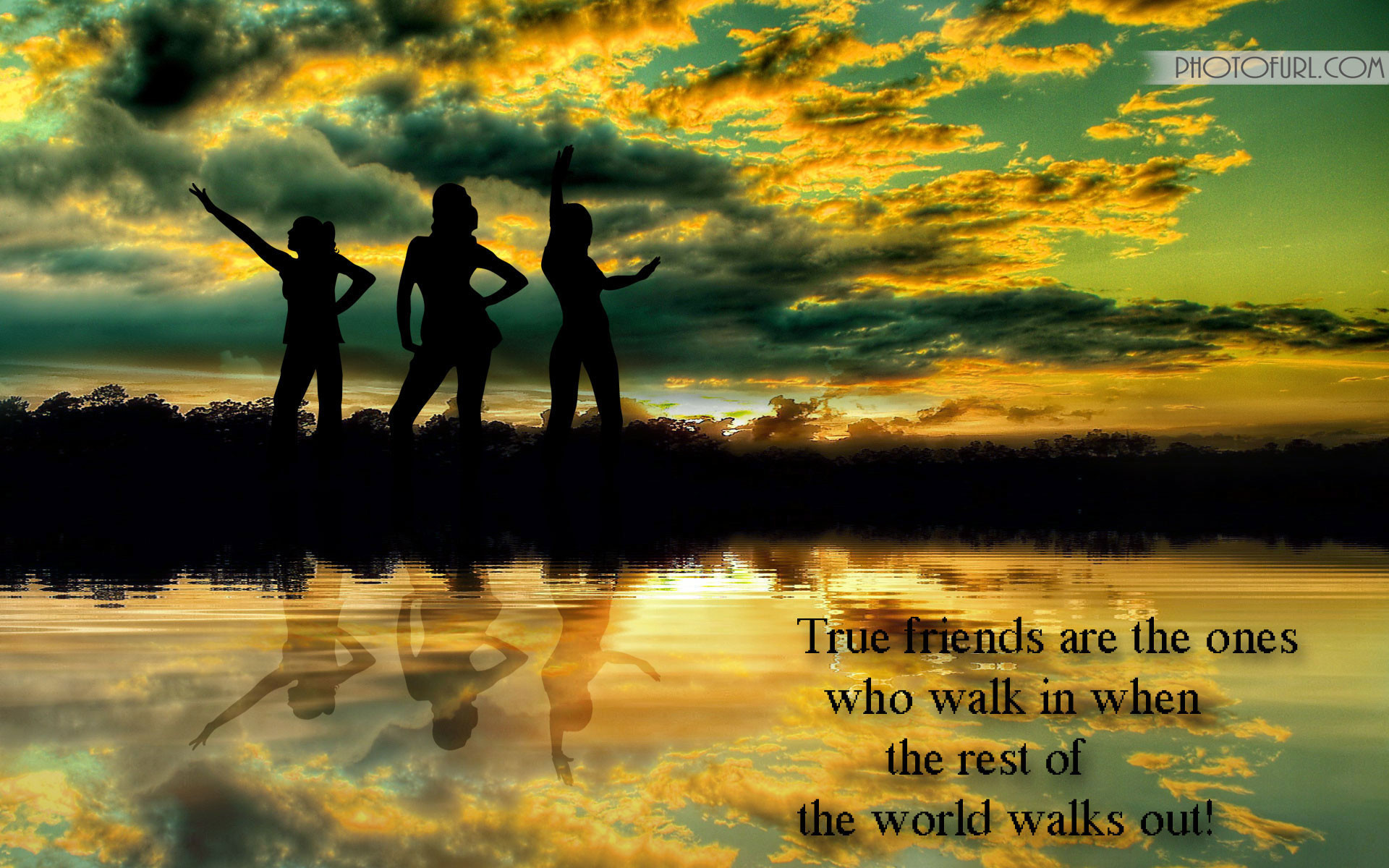 Silhouettes of three friends against a vibrant sunset reflected in water, symbolizing true friendship