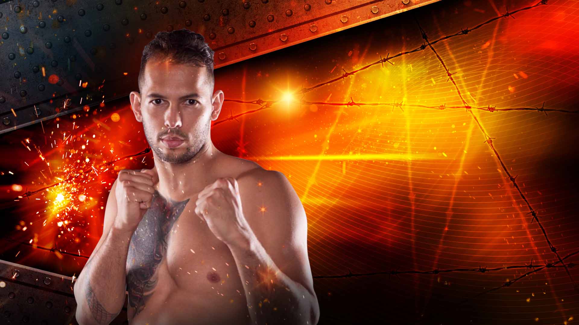 A shirtless man with tattoos stands in a fighting stance against a fiery, barbed-wire backdrop