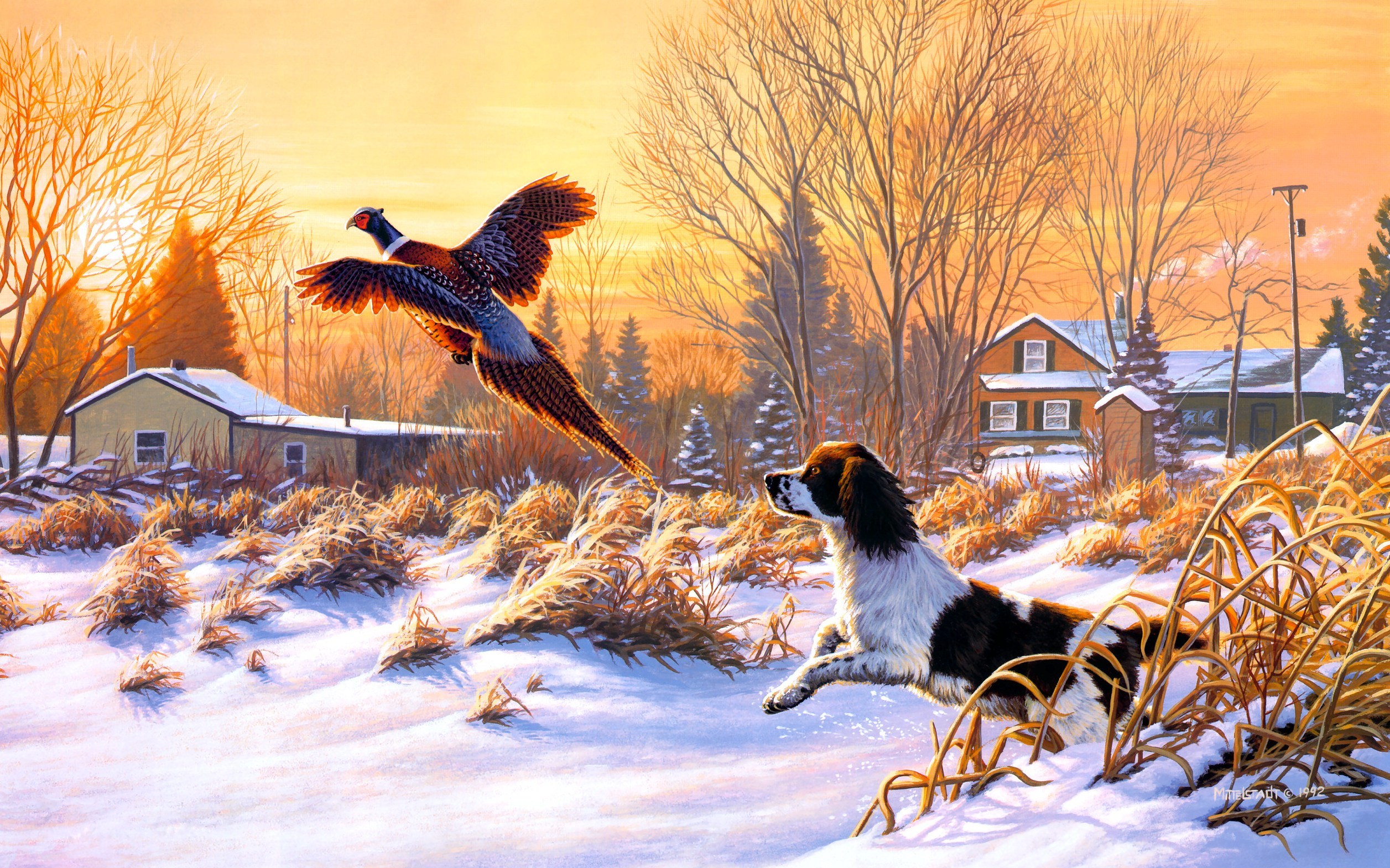 Snow Hunting Dog Bird Fly Sunrise Painting Mood Wallpaper Background