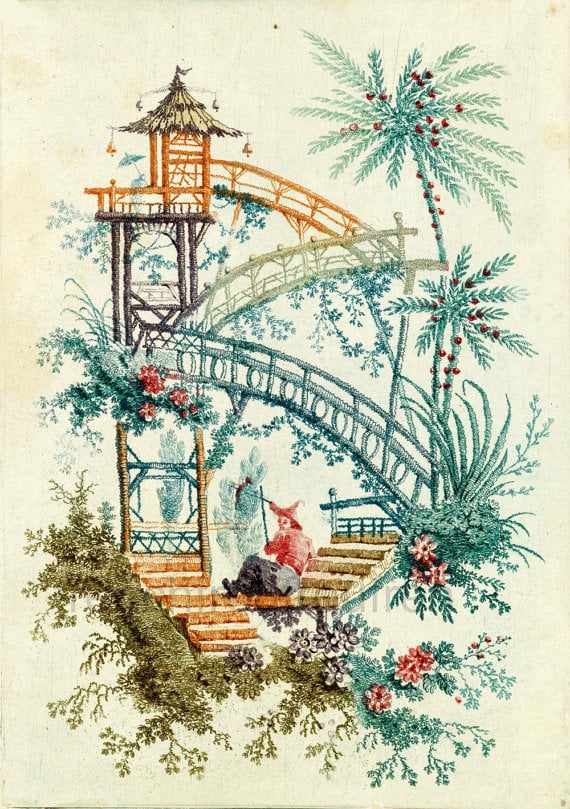 antique chinoiserie wallpaper illustration waterfall design digital