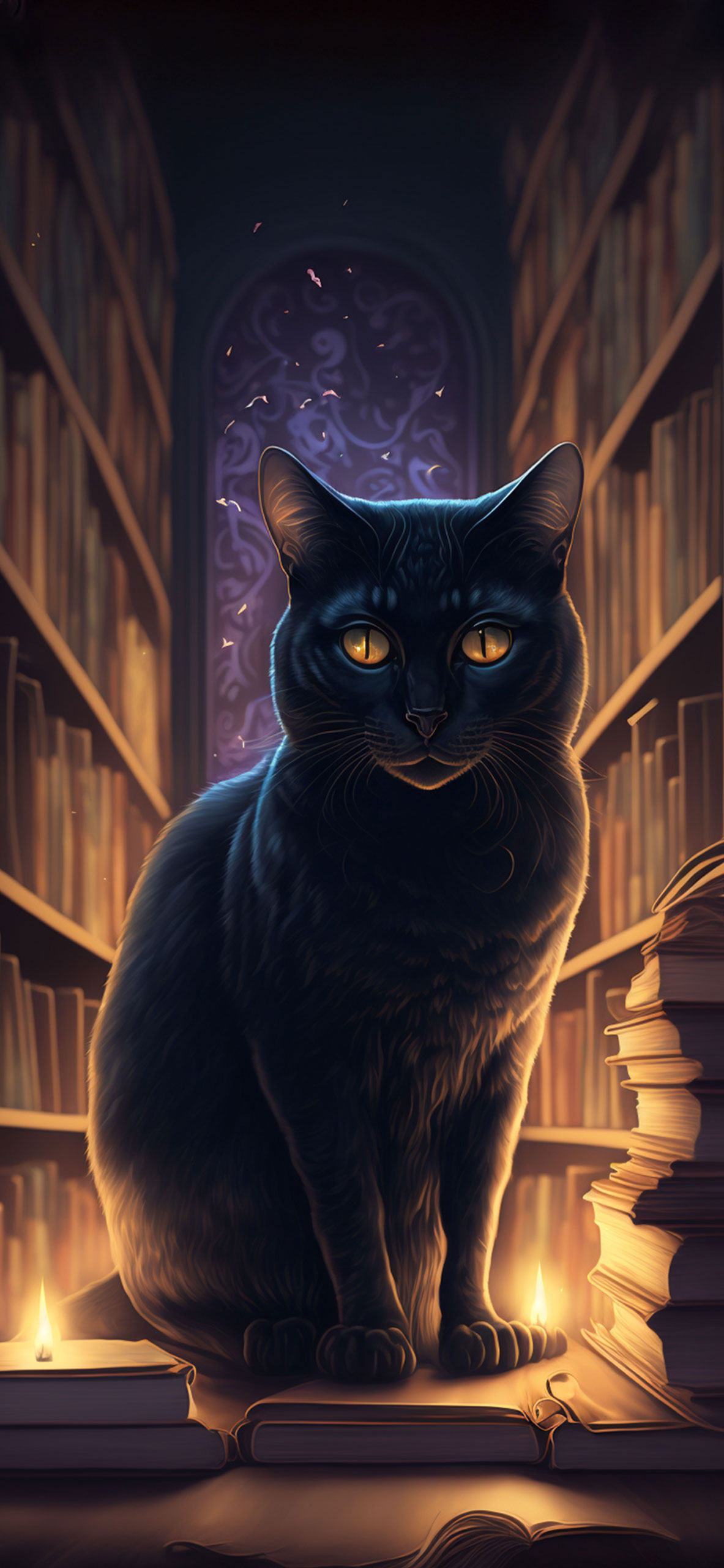 Black Cat In Library Wallpaper For iPhone