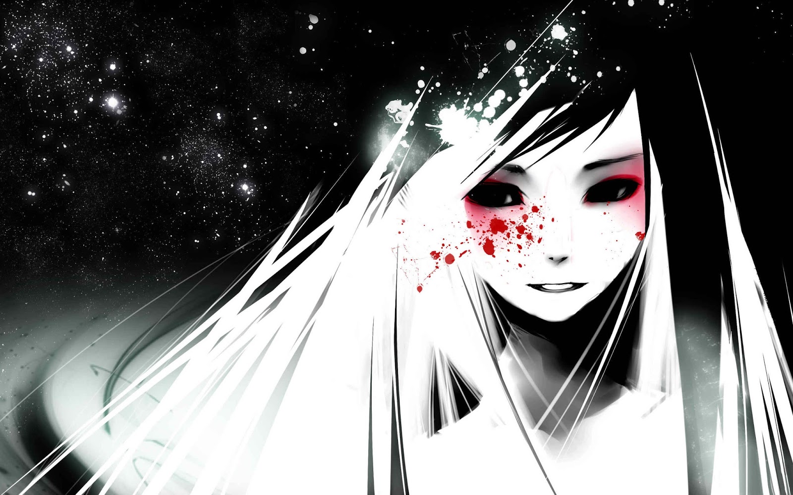 Anime-style portrait of a girl with long white hair and red markings on her face, against a dark, starry background