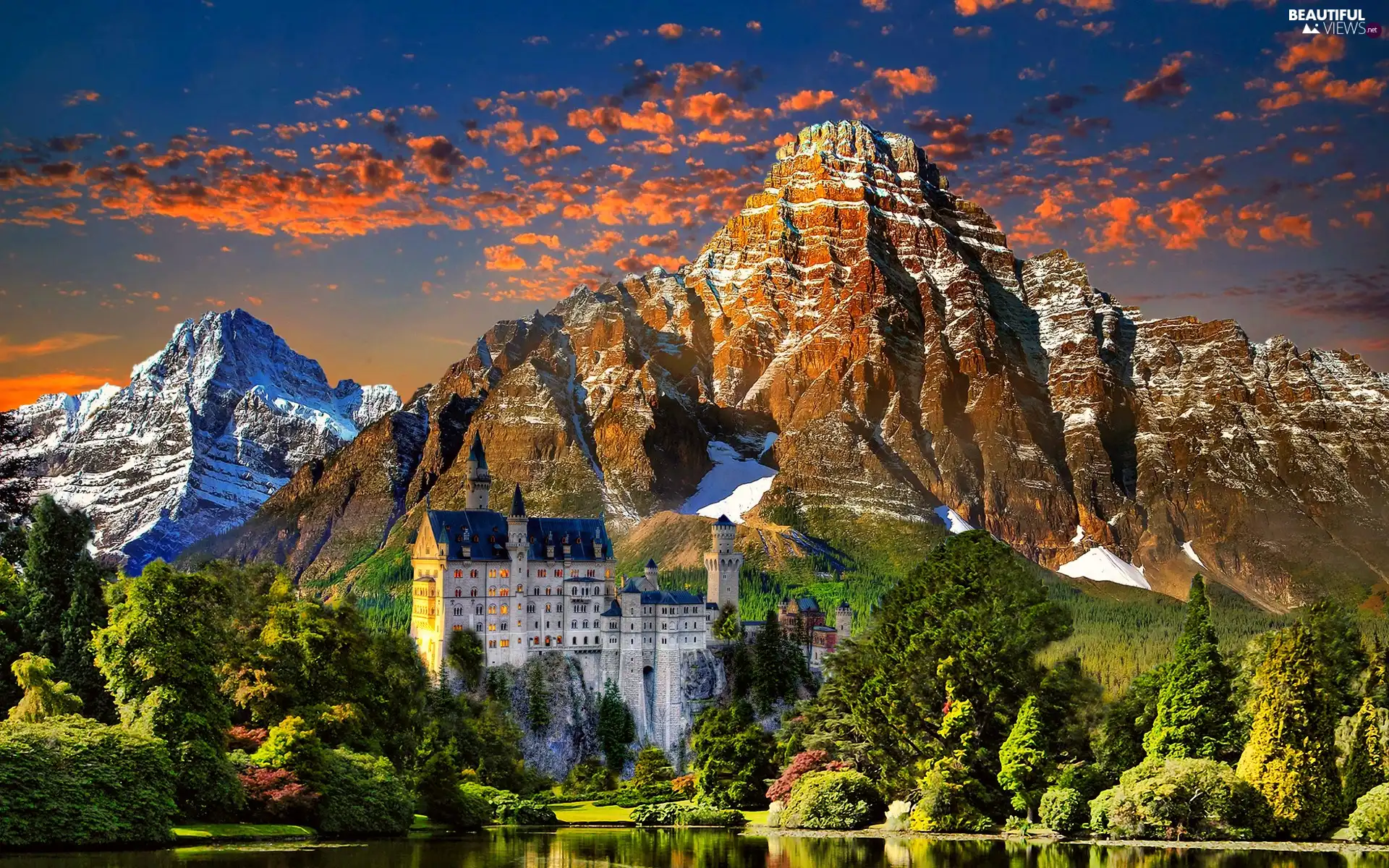 Neuschwanstein Castle Germany Woods Trees Mountains Rocks Bavaria Wallpaper