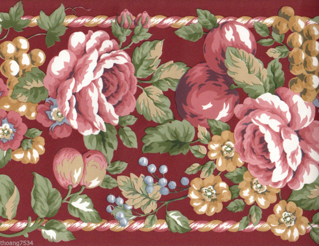 Red Burgundy Cabbage Rose Floral Flower Fruit Apple Grape Rope Wall