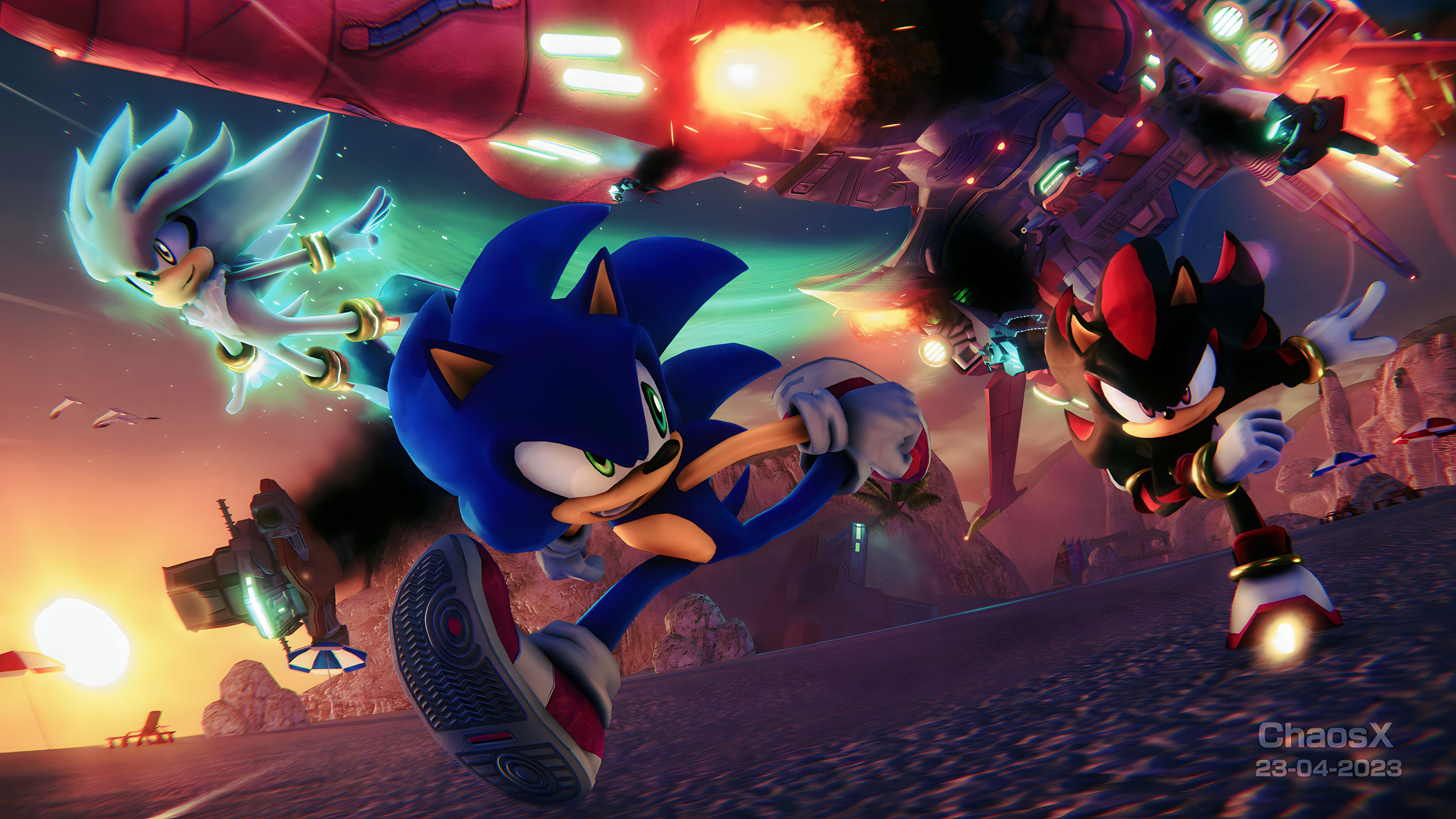 Sonic, Shadow, and Silver running towards the camera with a spaceship exploding in the background