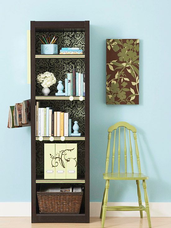 Shelves Could Use A Fabric Behind Bookcase Instead Of Wallpaper