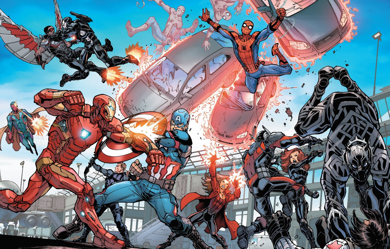 Wallpaper Captain America Spider Man Iron Black Widow War