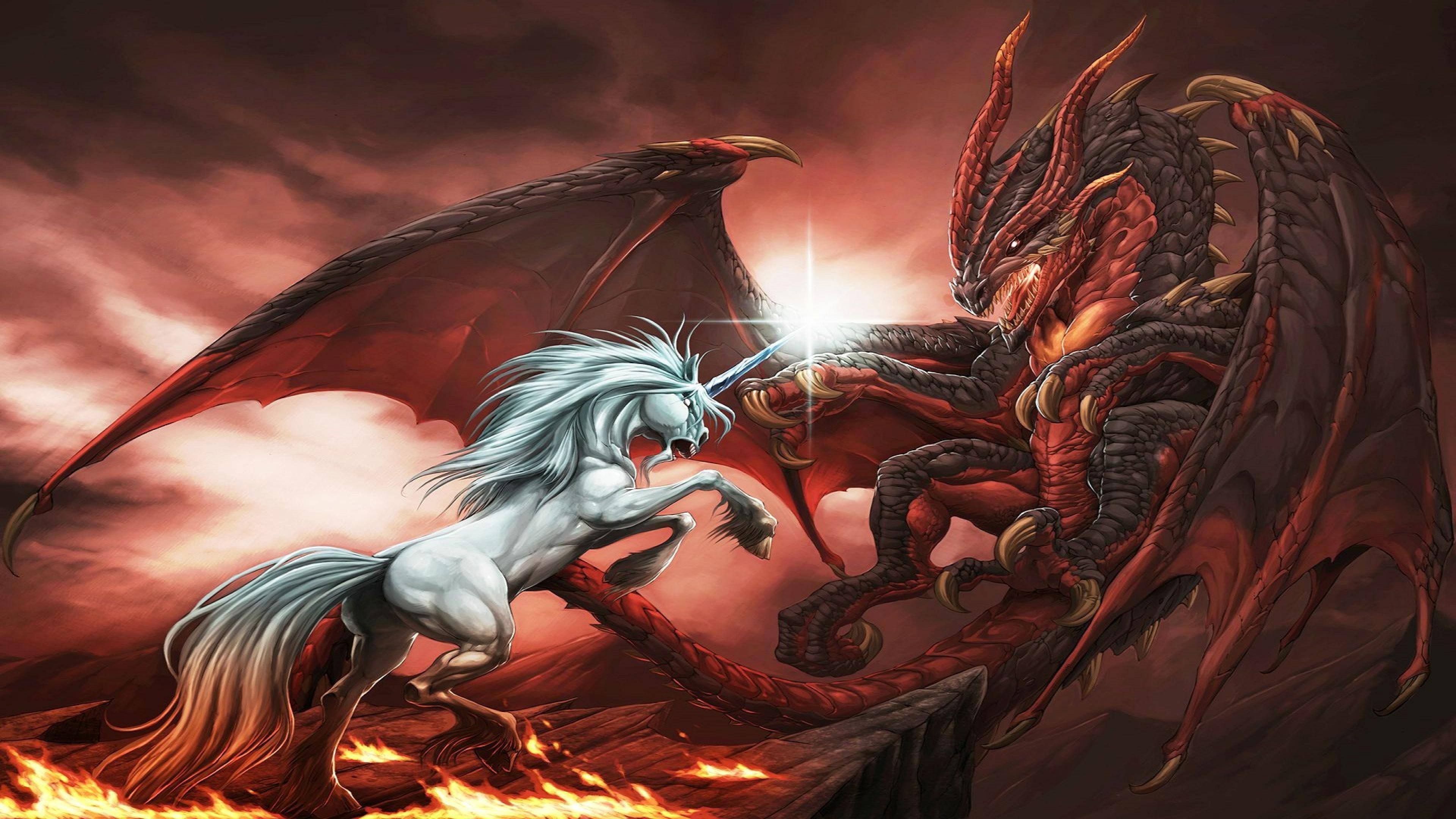 Fantasy Dragon Unicorn War Abstract Ultra HD