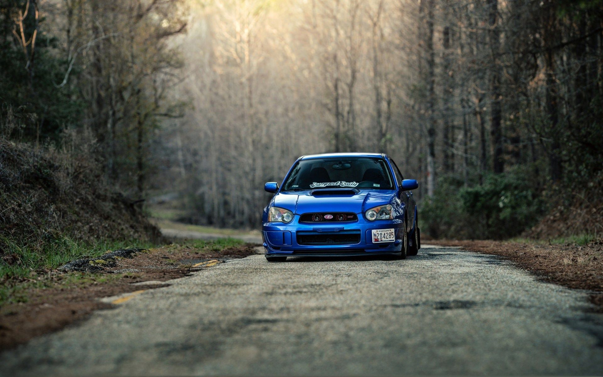 Image For Blue Subaru Sti Forest Road Trees Wide HD Wallpaper