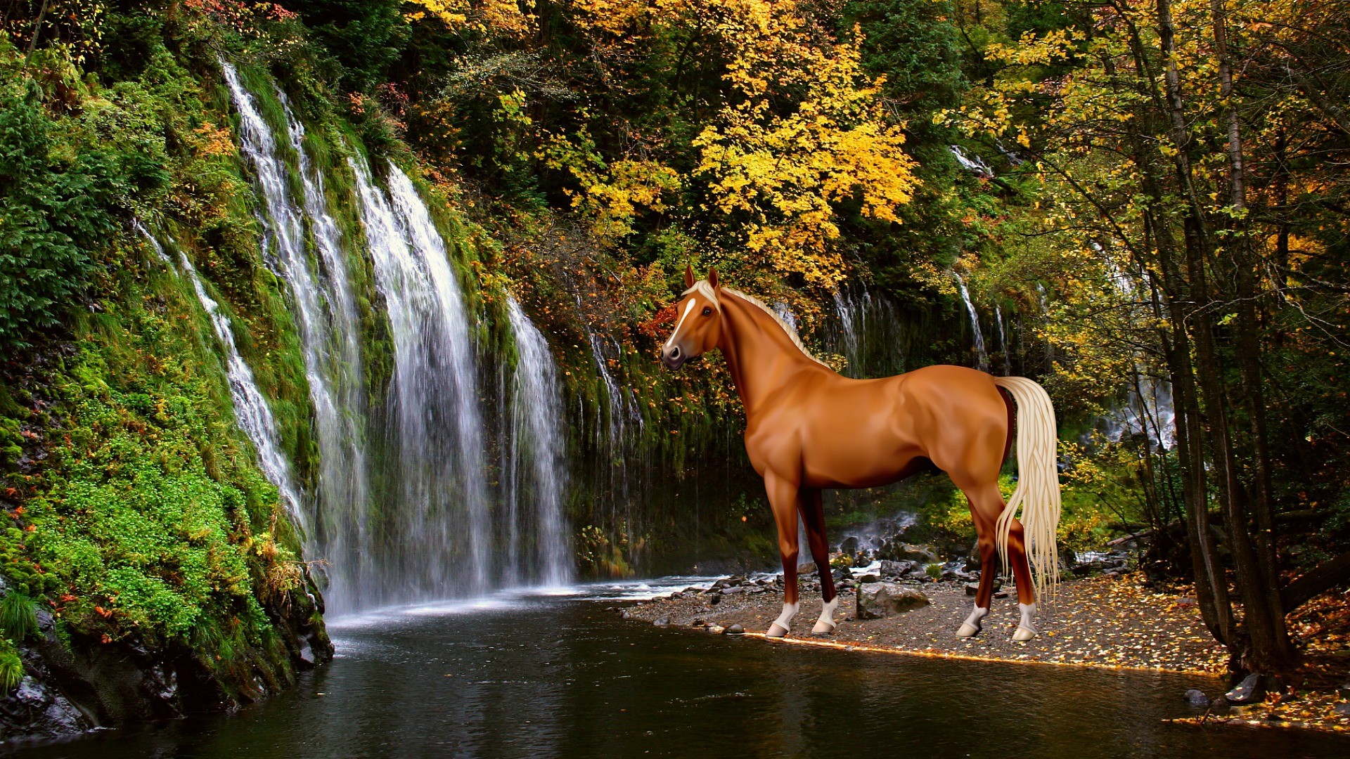 A palomino horse stands gracefully by a waterfall in an autumnal forest