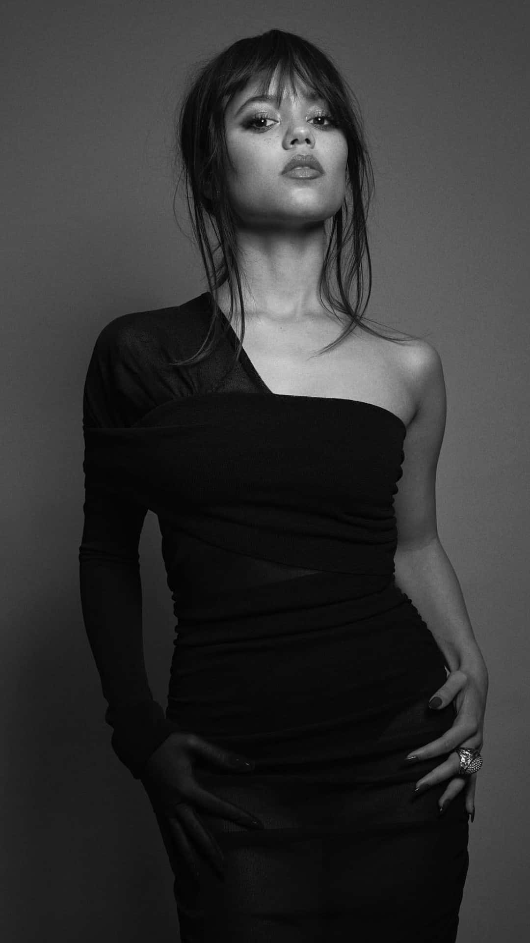 Jenna Ortega Elegant Black White Portrait Wallpaper