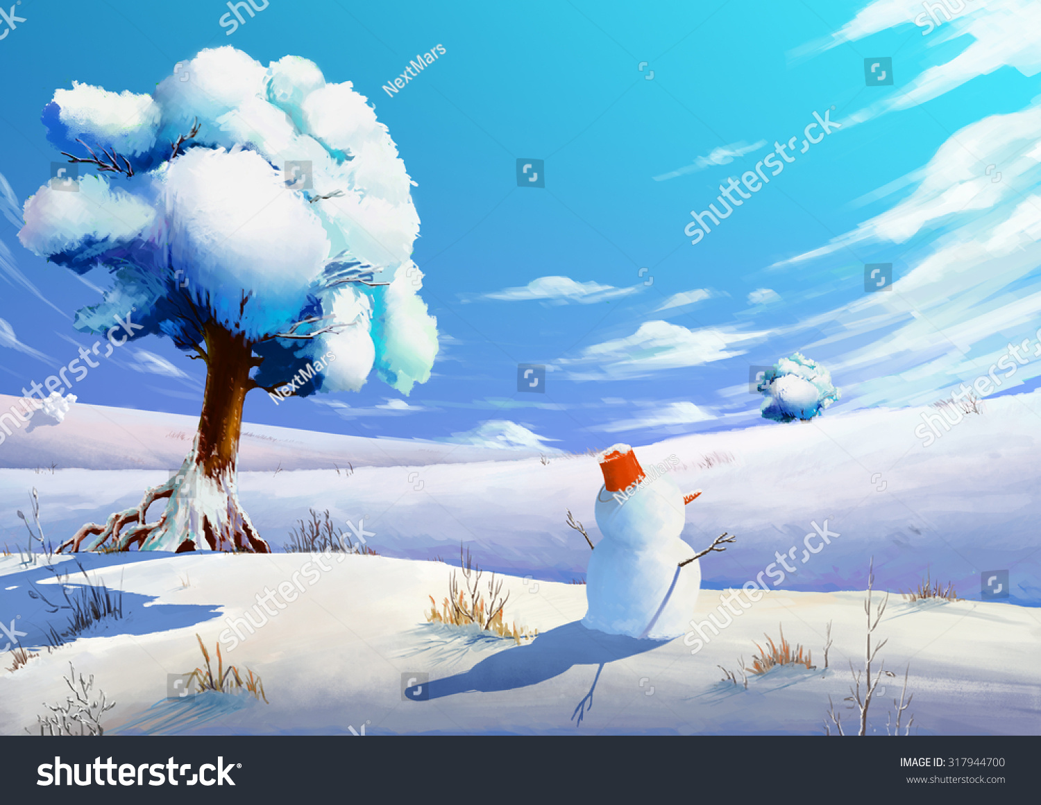 Illustration Winter Snow Field Snowman Fantastic Stock