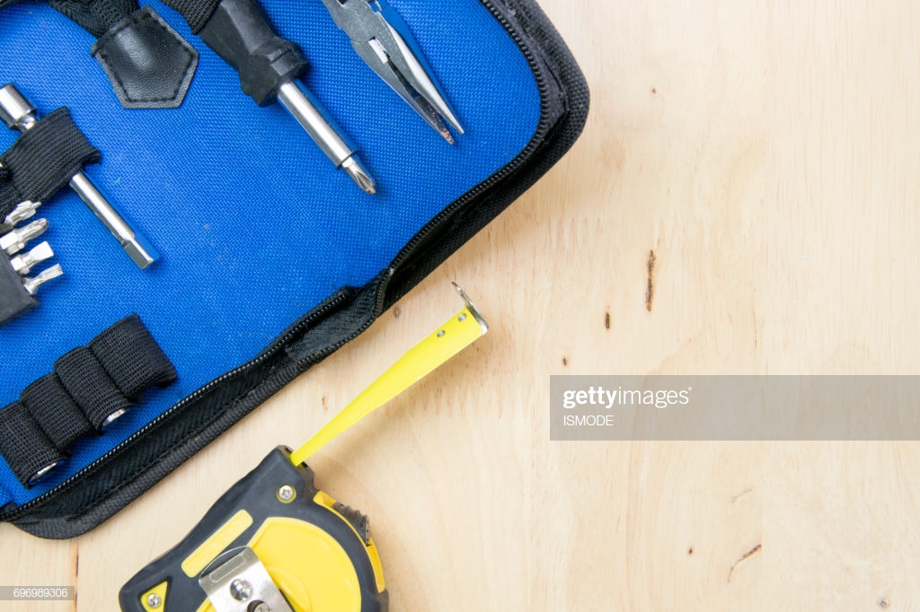 Desk Of A Craftsman Tools On Wooden Background Top Flat Lay