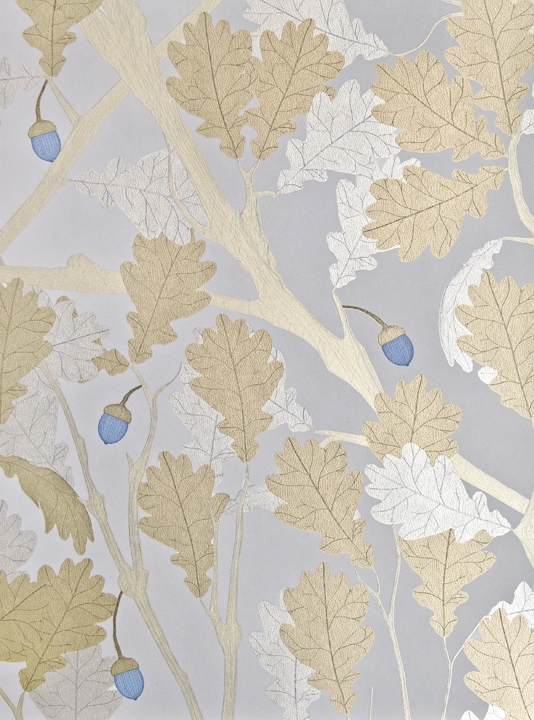 Wallpaper Pale Blue With Metallic Silver And Gilver Oak Tree