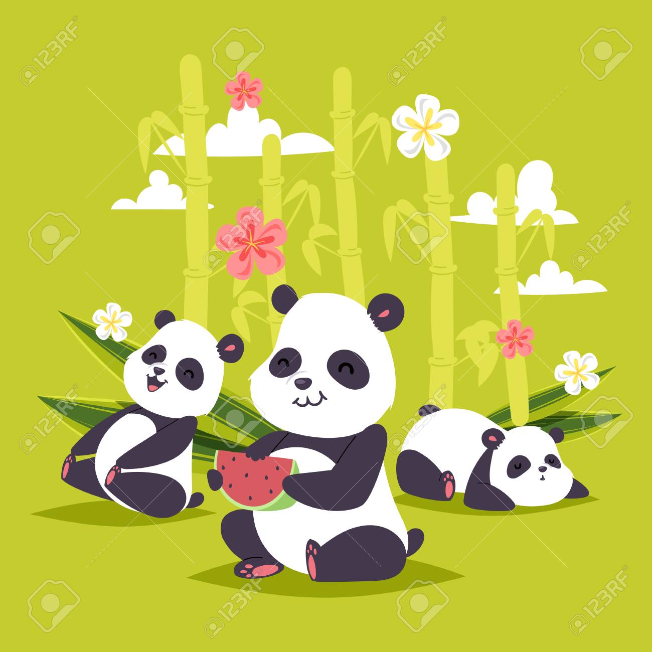 Panda Vector Bearcat Chinese Bear With Bamboo Playing Or Sleeping