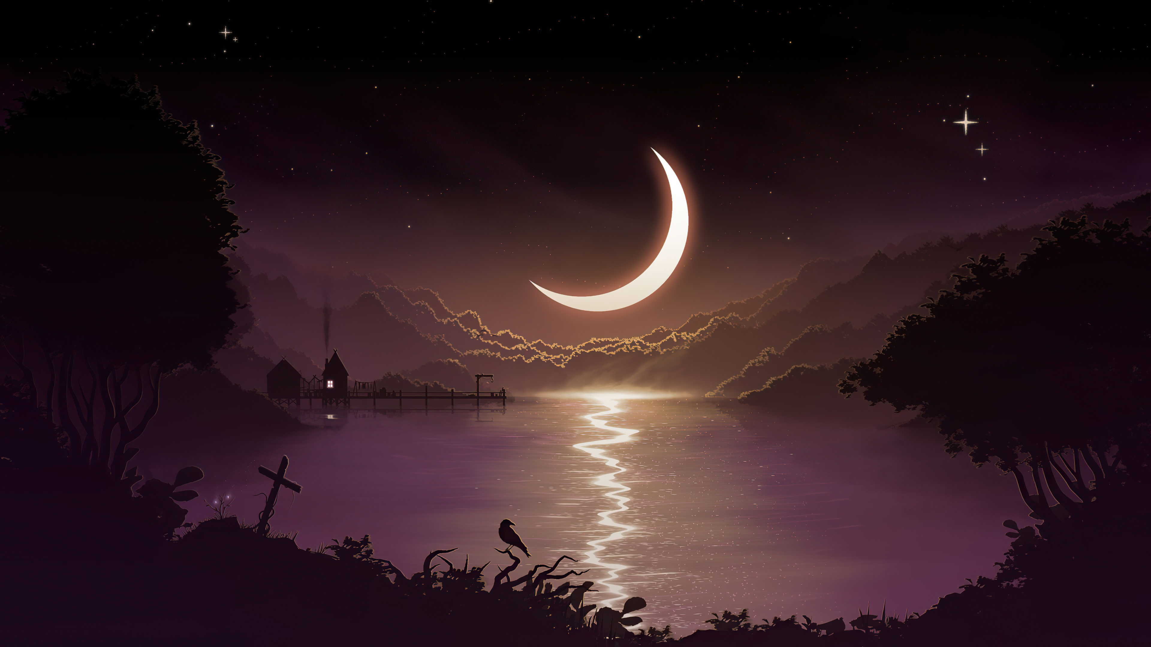 Crescent Moon Minimal Night 4k Wallpaper Resolution