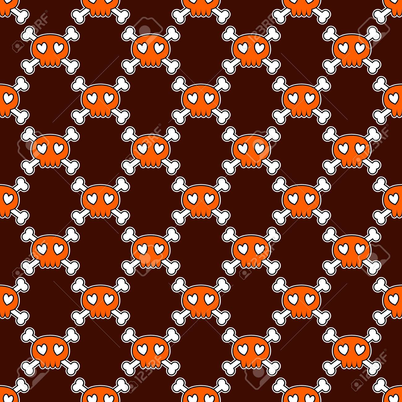 Seamless Halloween Pattern Wallpaper With Orange Skulls On Brown