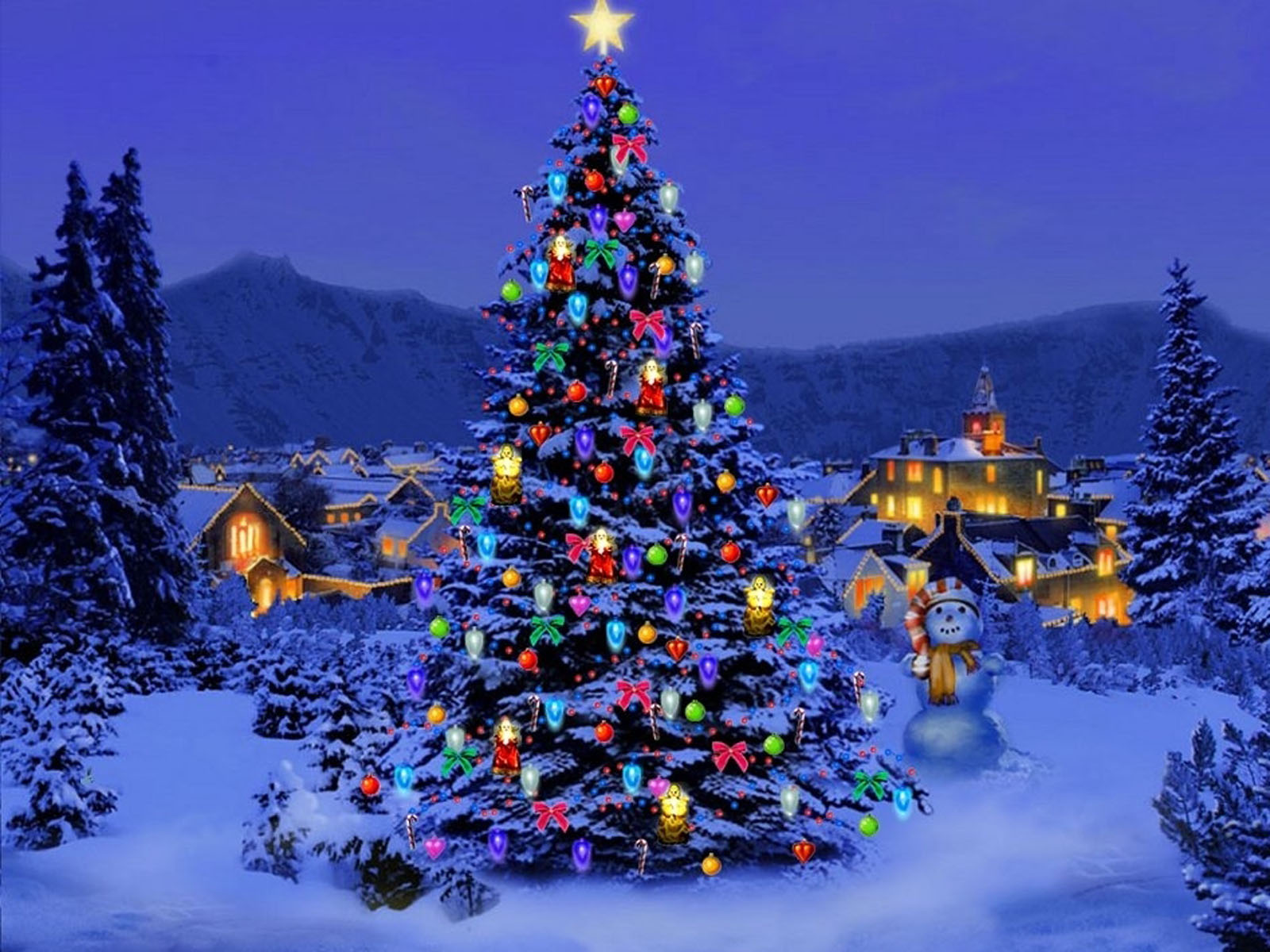 A brightly decorated Christmas tree stands in a snow-covered village with a snowman, lit buildings and snow-covered pine trees, against a twilight sky with a star