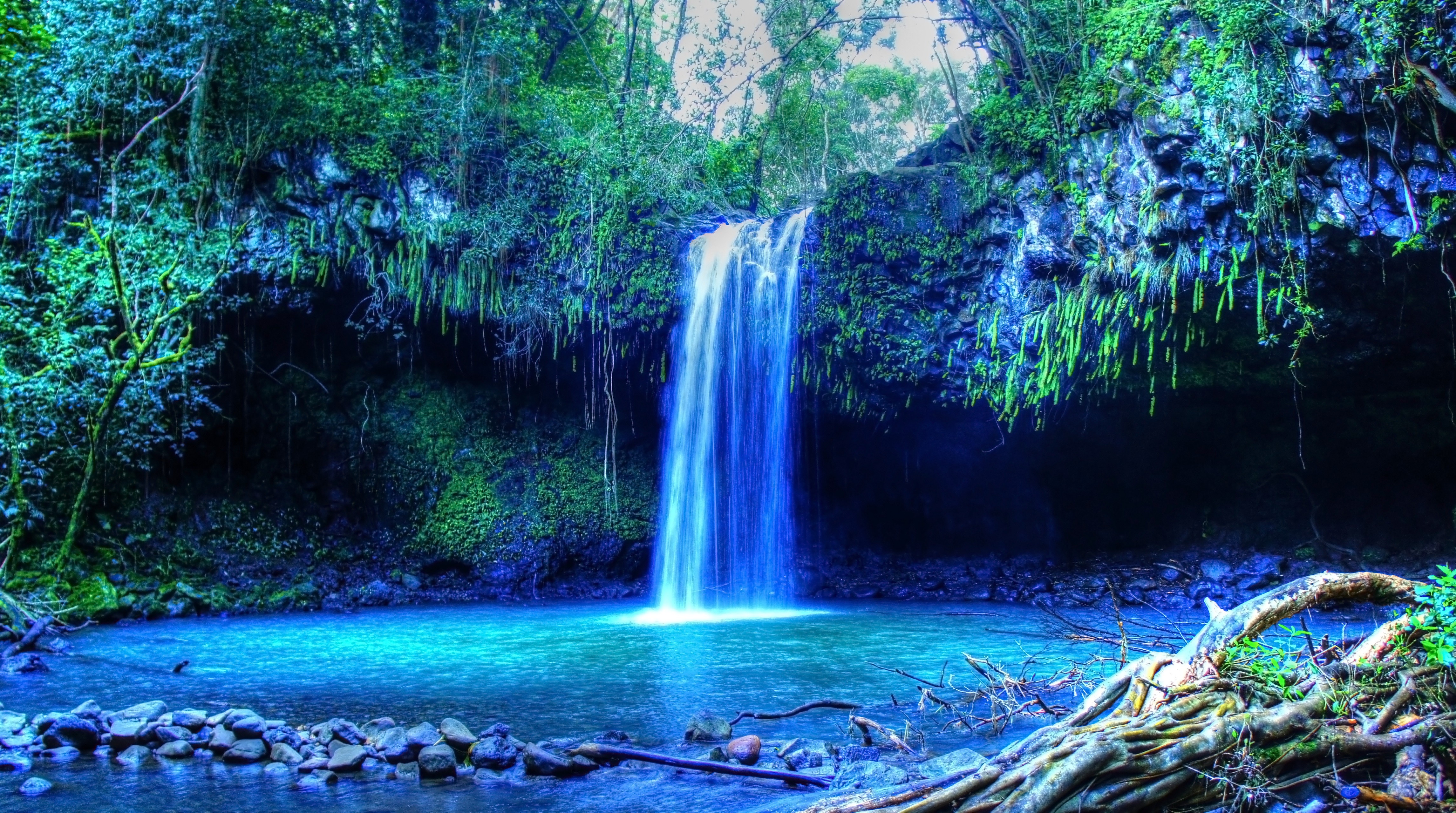 A stunning waterfall cascades into a vibrant turquoise pool in a lush Hawaiian rainforest, creating a picturesque desktop background
