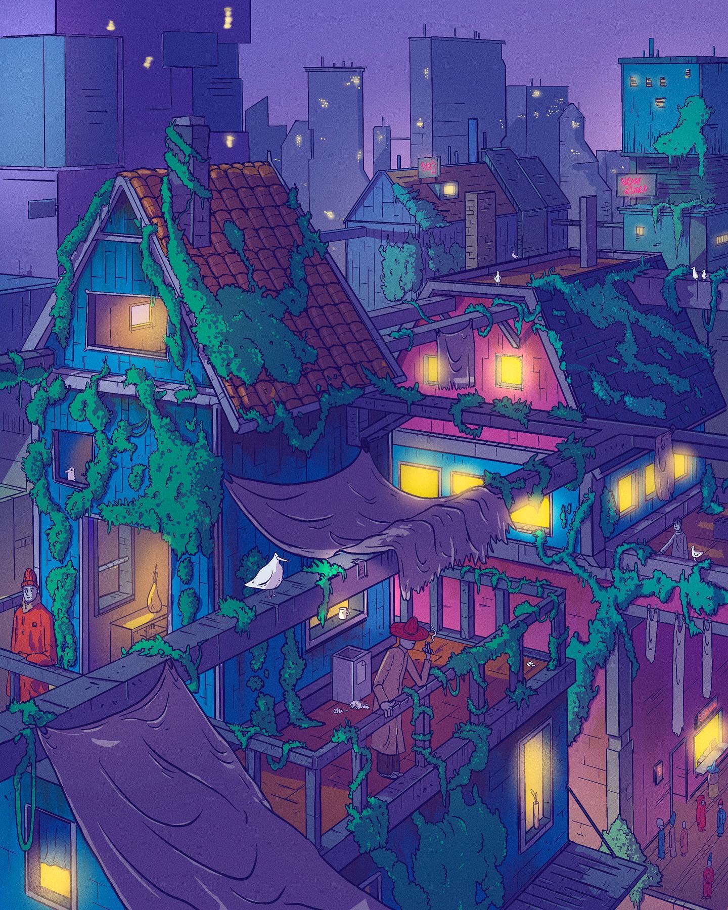 A cozy, overgrown cityscape at dusk, with warm lights glowing from windows and figures on rooftops