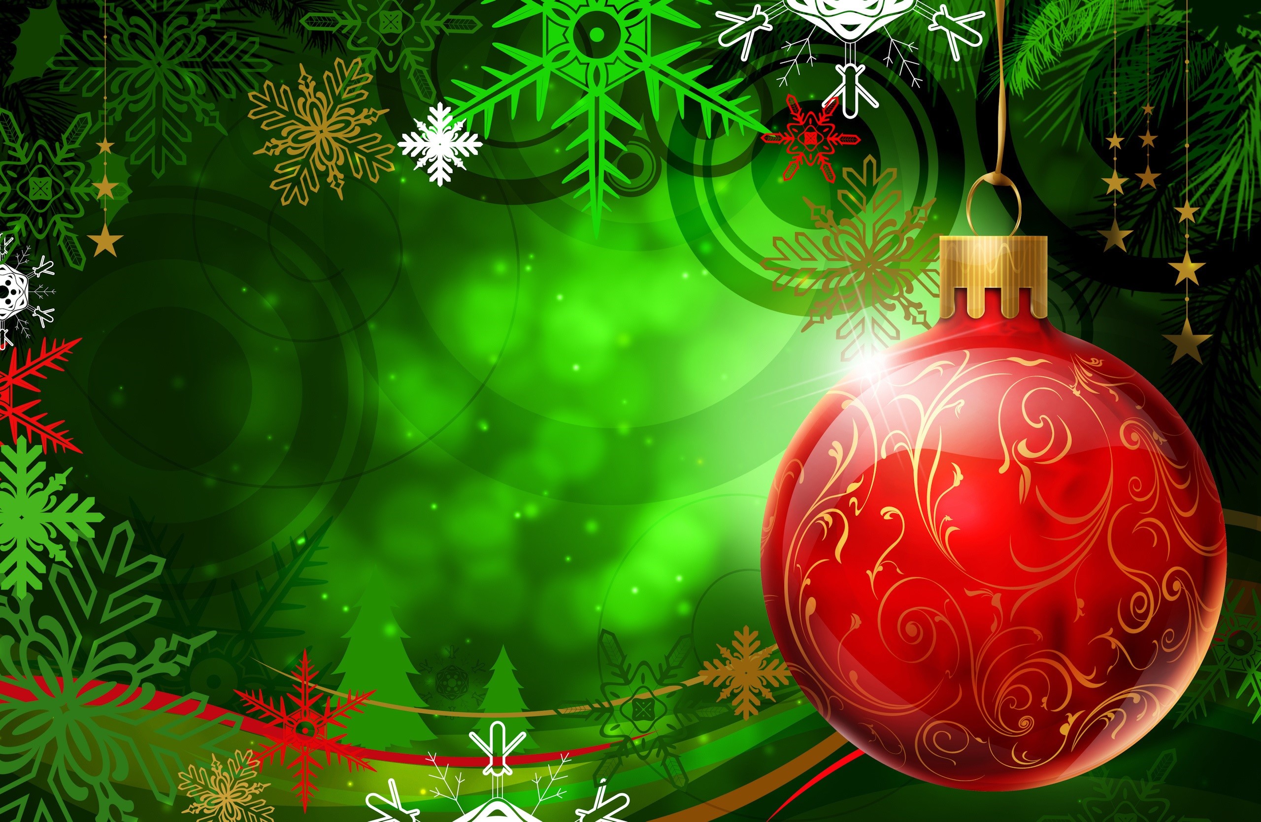 Red Christmas Ball in Green Background HD Wallpapers