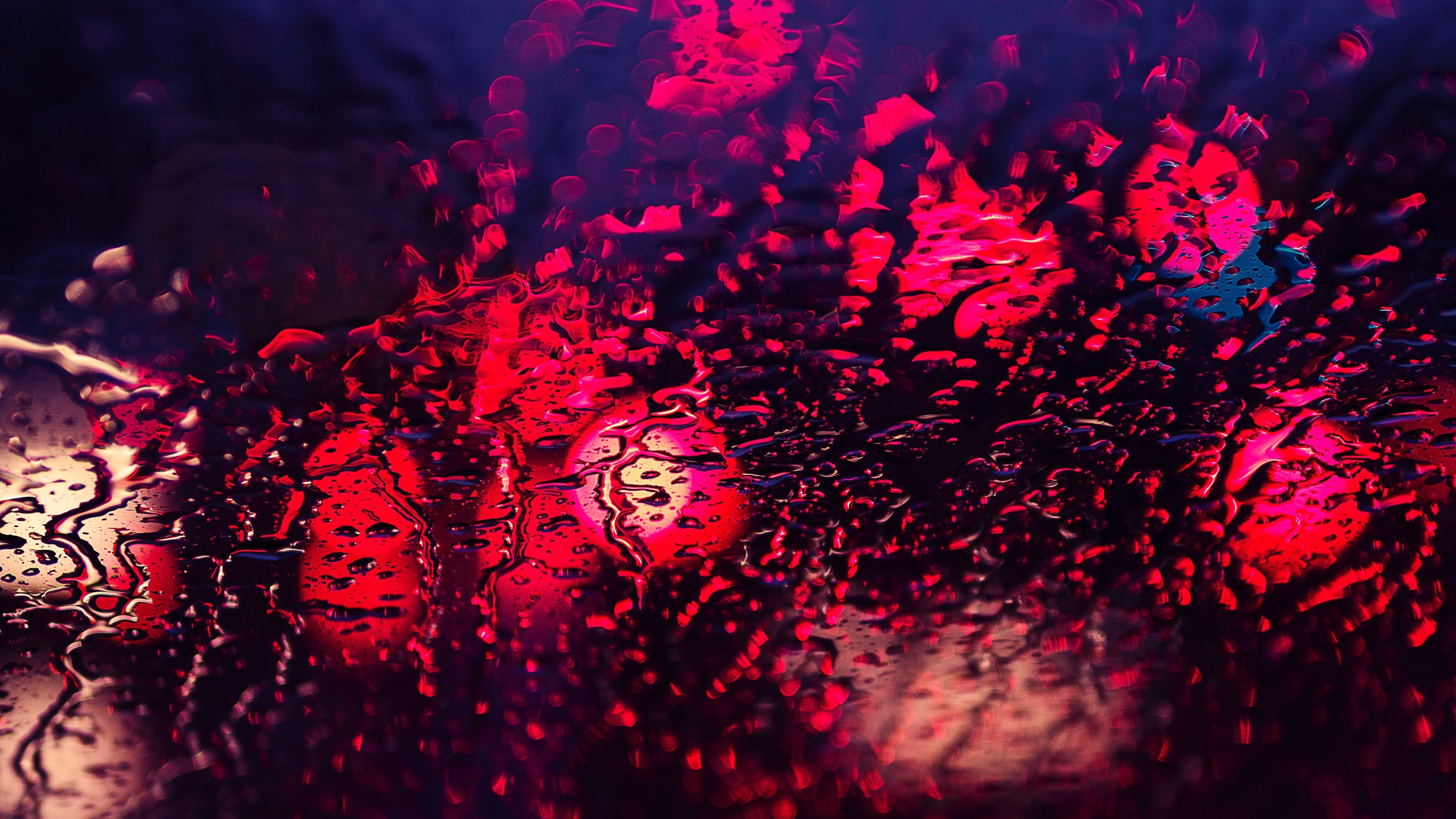 4k Wallpaper Red Lights Cold Rain Drops Window UHD Image