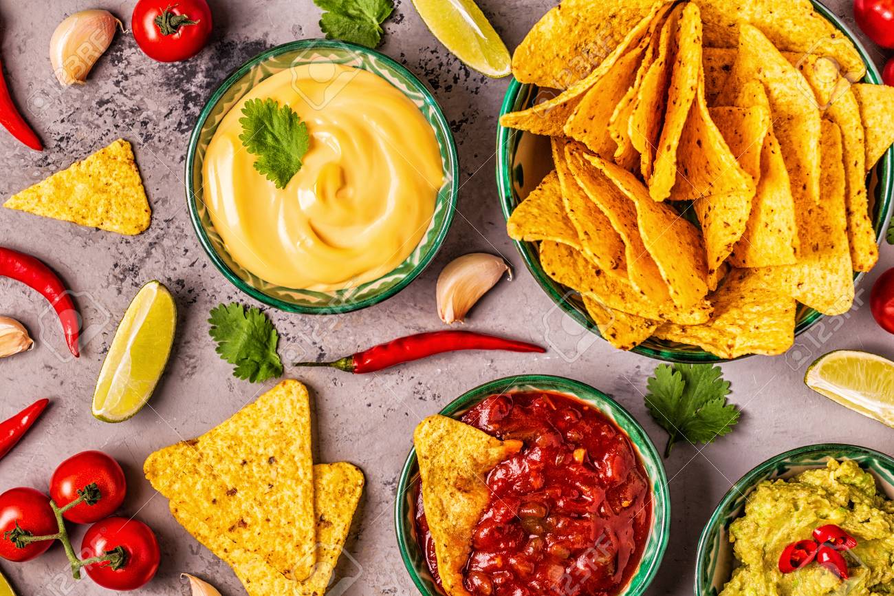 Mexican Food Background Guacamole Salsa Cheesy Sauces With