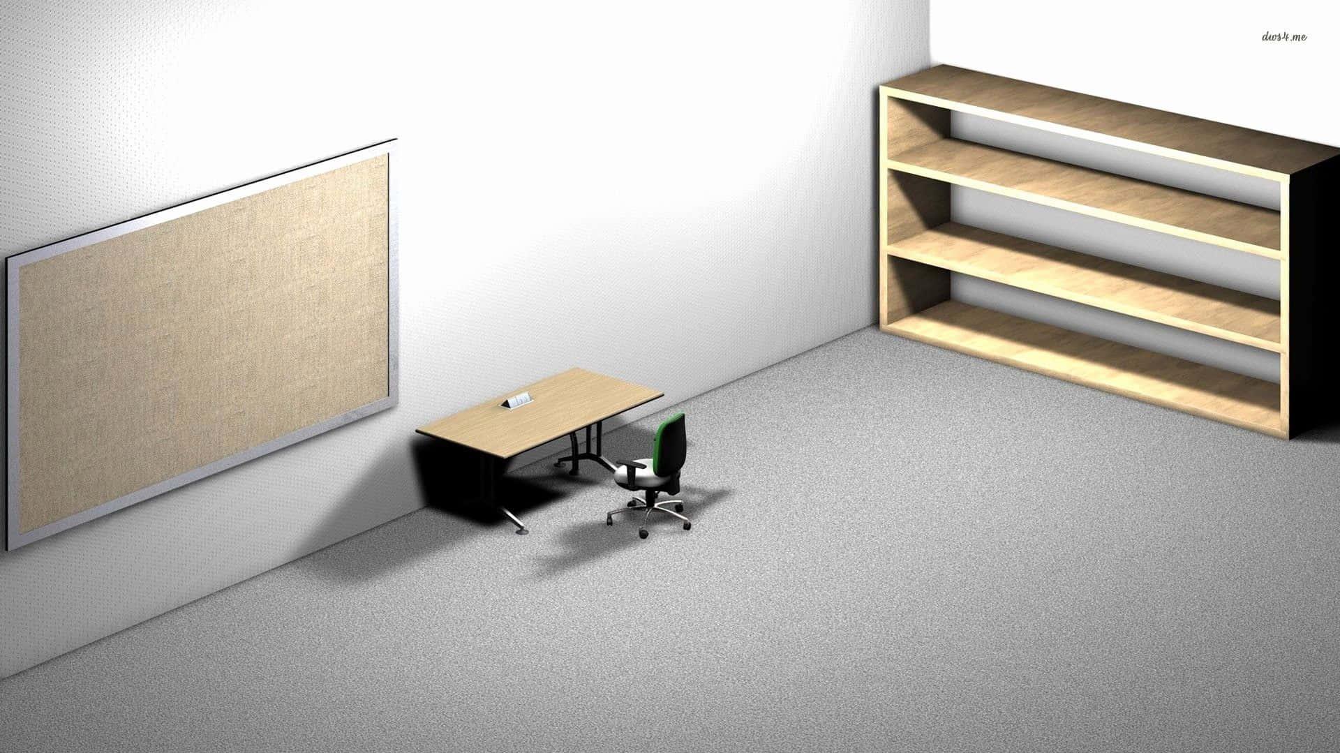 A 3d Model Of Room With Desk And Shelf Wallpaper