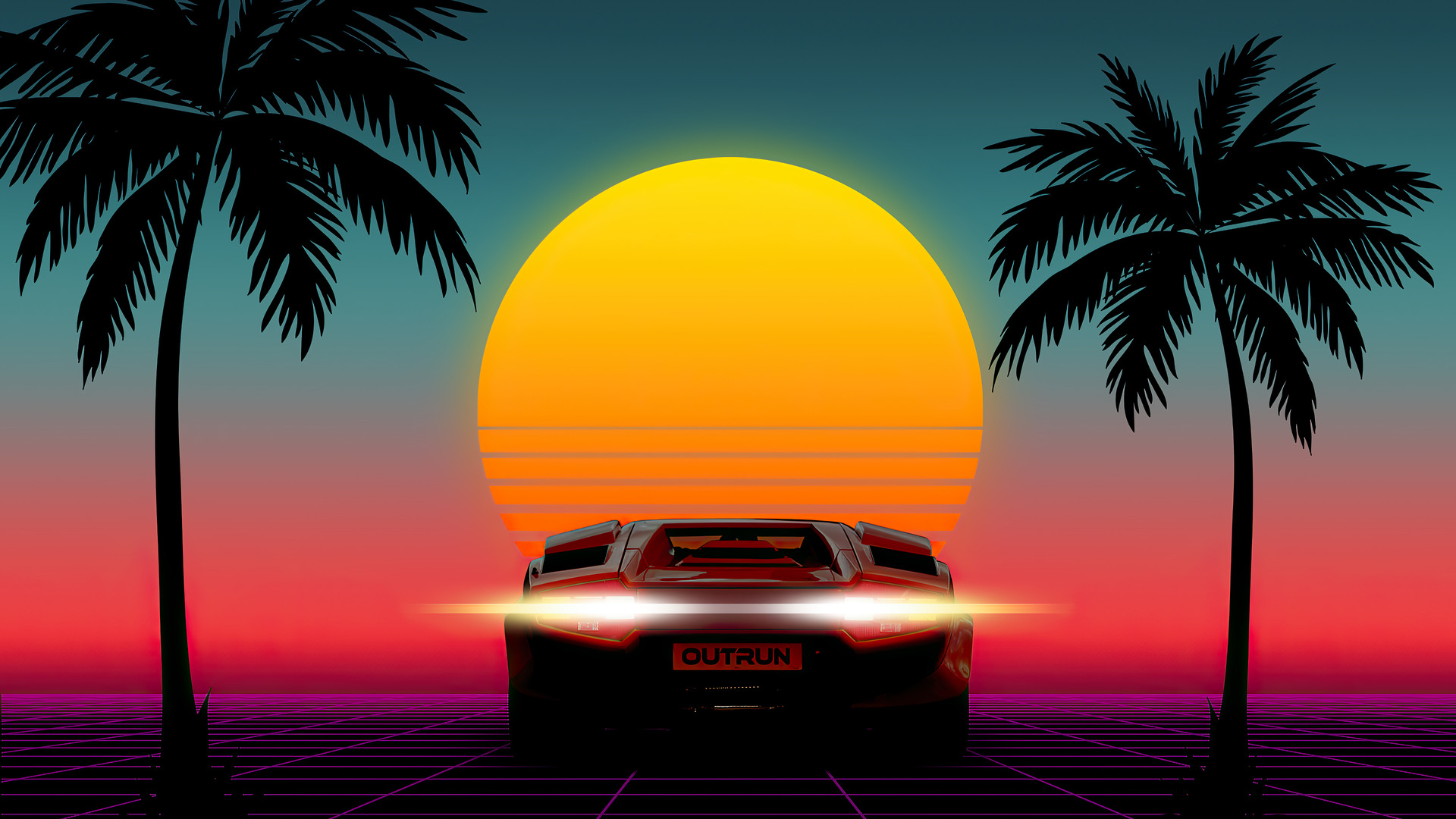 Sunset Minimalist Sports Car Palm Scenery 4k Wallpaper