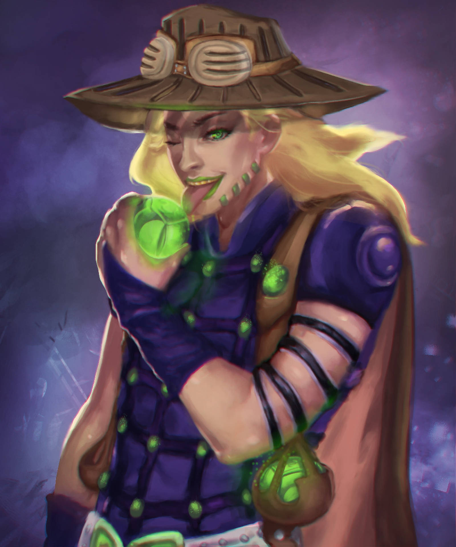 Gyro Zeppeli from JoJo's Bizarre Adventure, licking a steel ball with a mischievous grin