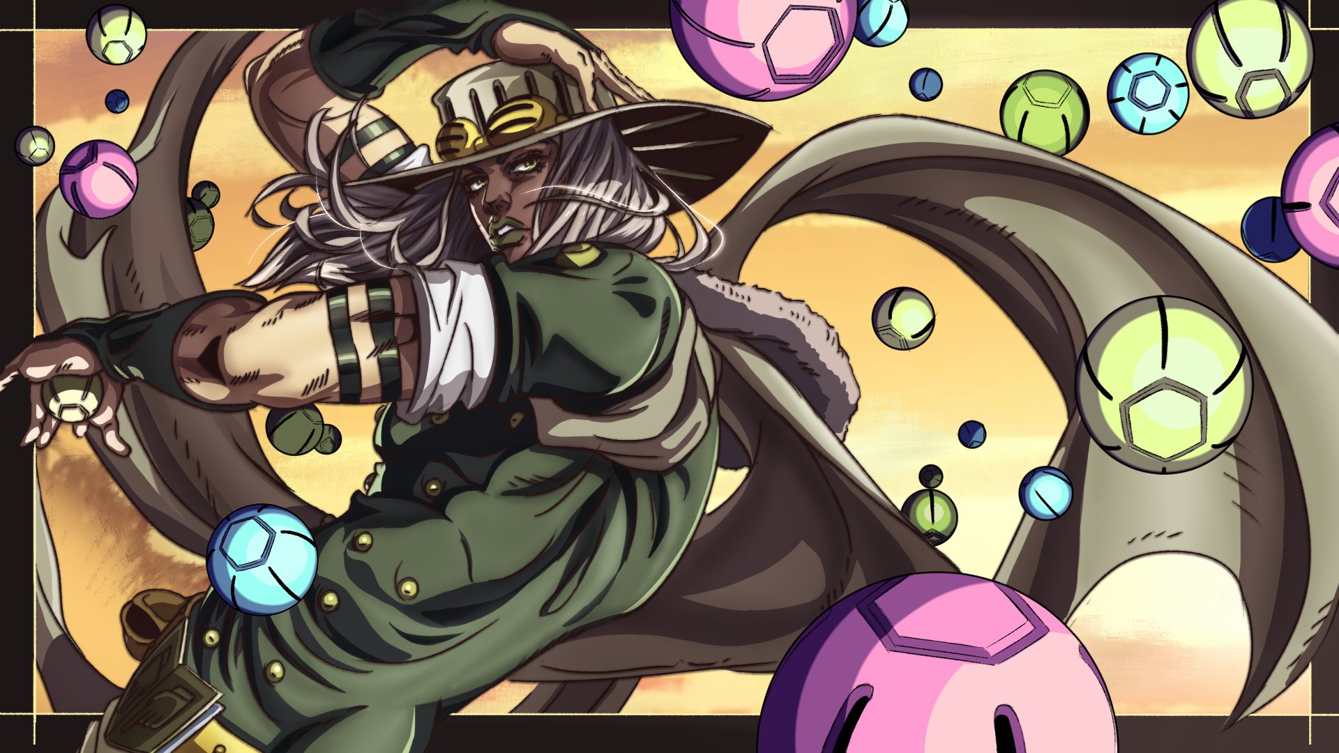 Gyro Zeppeli from JoJo's Bizarre Adventure: Steel Ball Run, dynamically posed against a backdrop of spinning steel balls