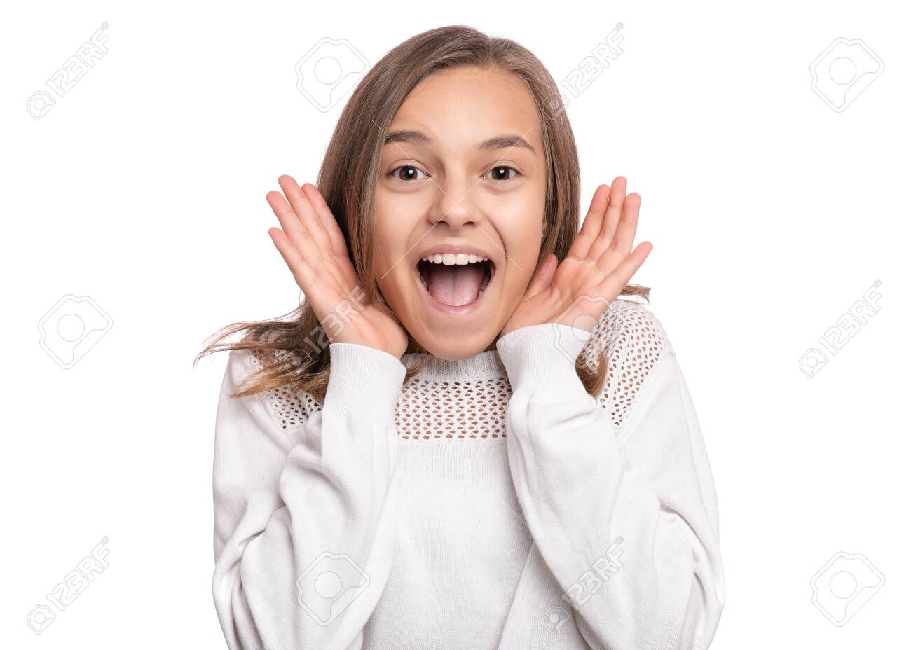 Surprised Happy Young Teen Girl Isolated On White Background
