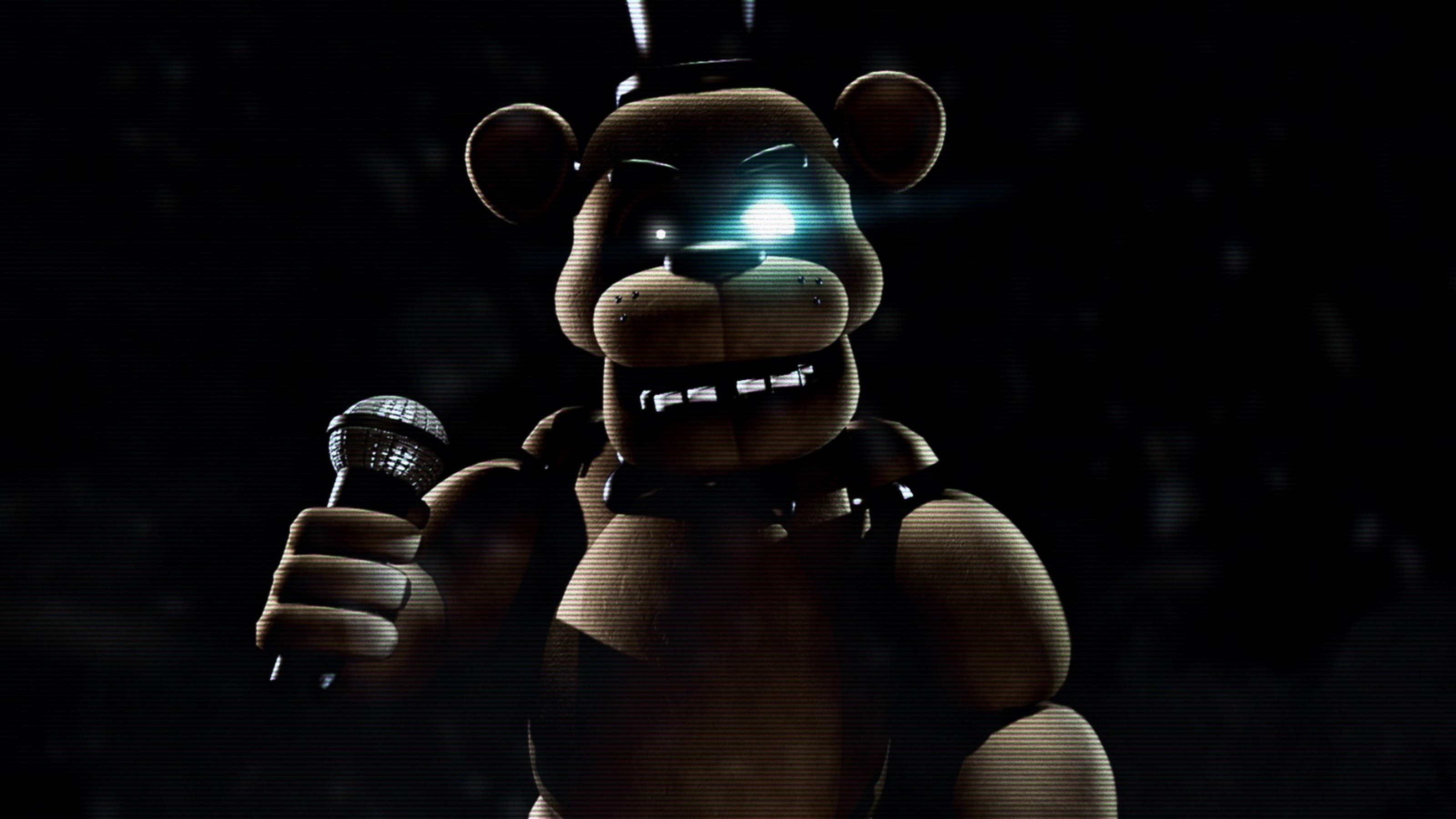 Freddy Fazbear from Five Nights at Freddy's holding a microphone on a dark stage