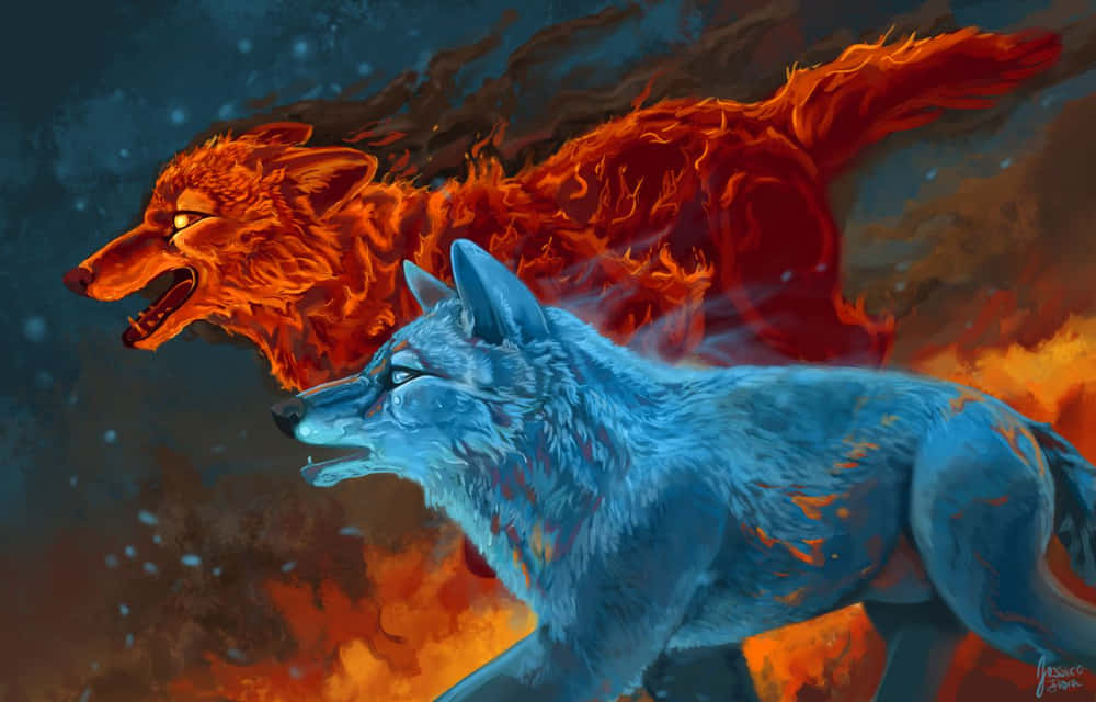 Fire And Ice Wolf Wallpaper