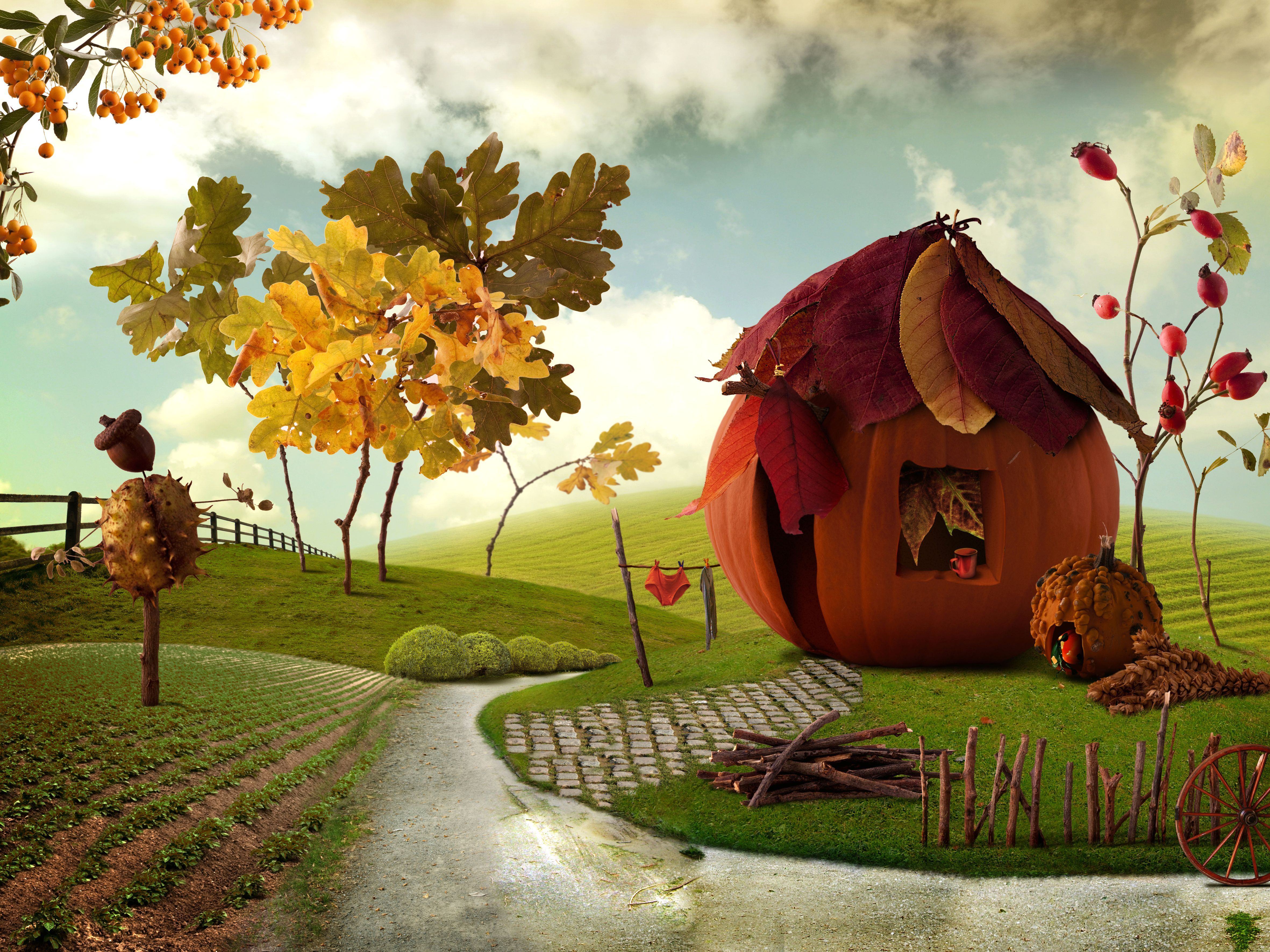 Village Art Chalet Cottage Pumpkins Autumn Wallpaper Background
